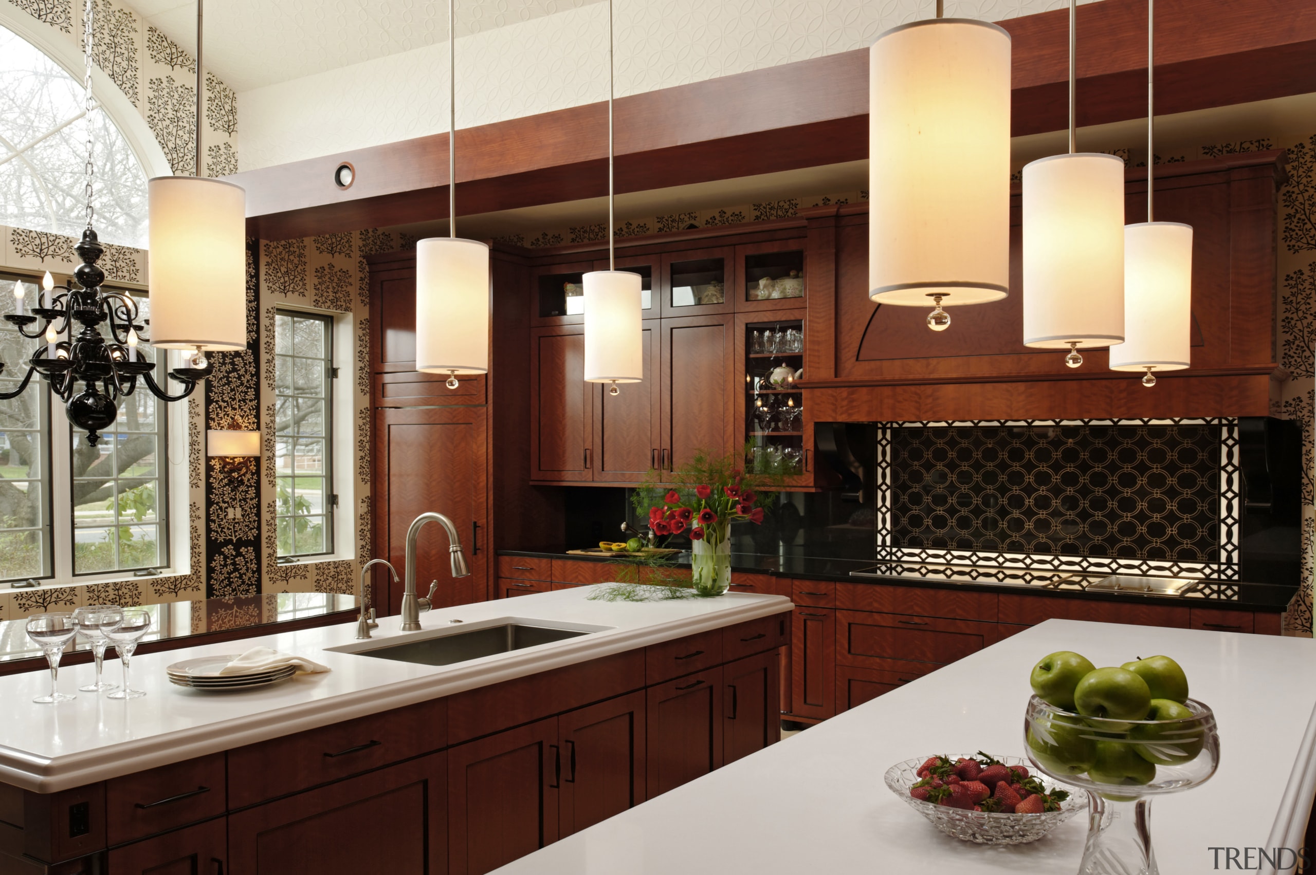 Strong lines and shallow door panels give the cabinetry, countertop, cuisine classique, interior design, kitchen, red, white