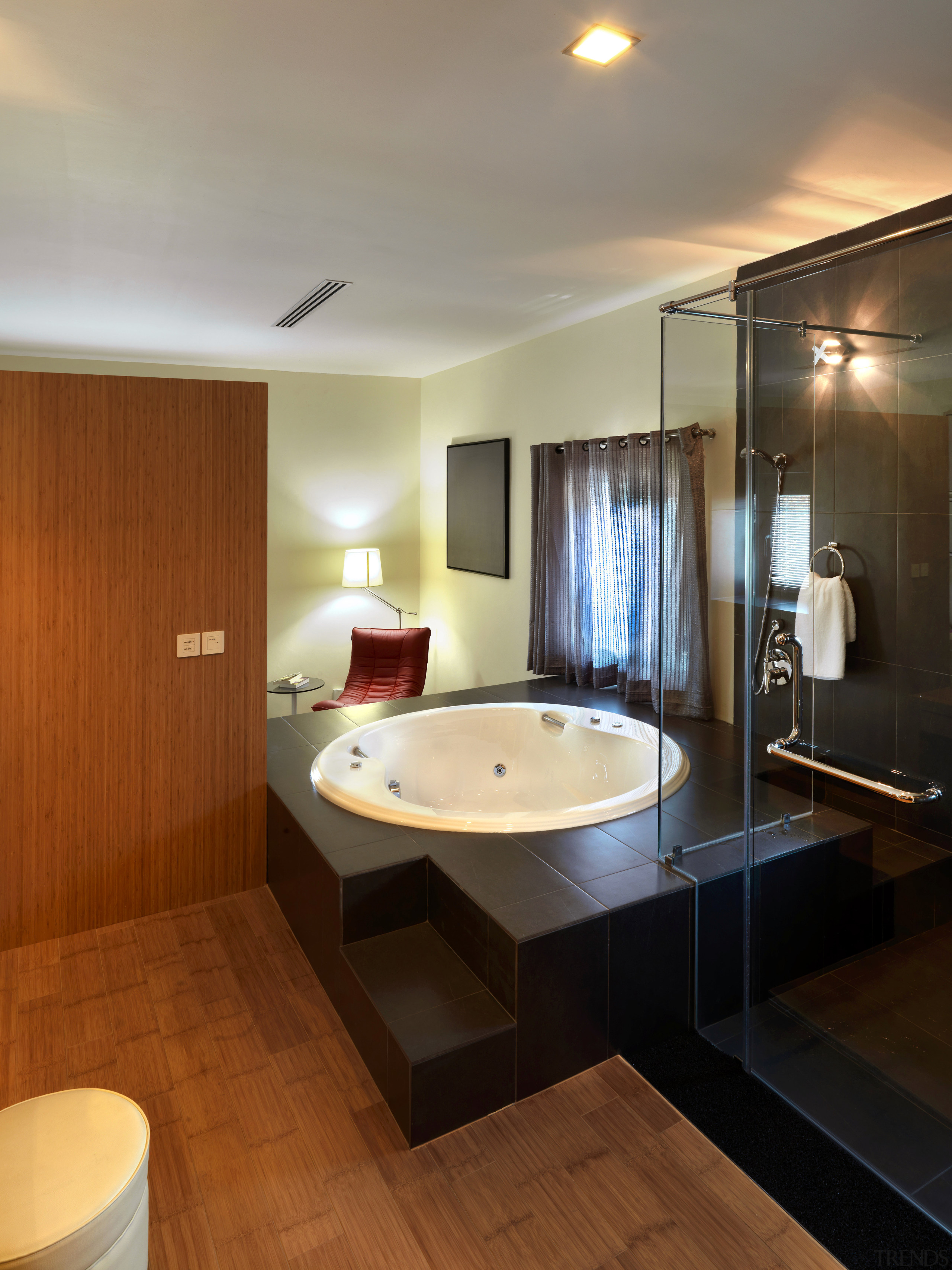 View of contemporary bedroom with wooden flooring and architecture, bathroom, ceiling, floor, flooring, interior design, real estate, room, sink, suite, brown