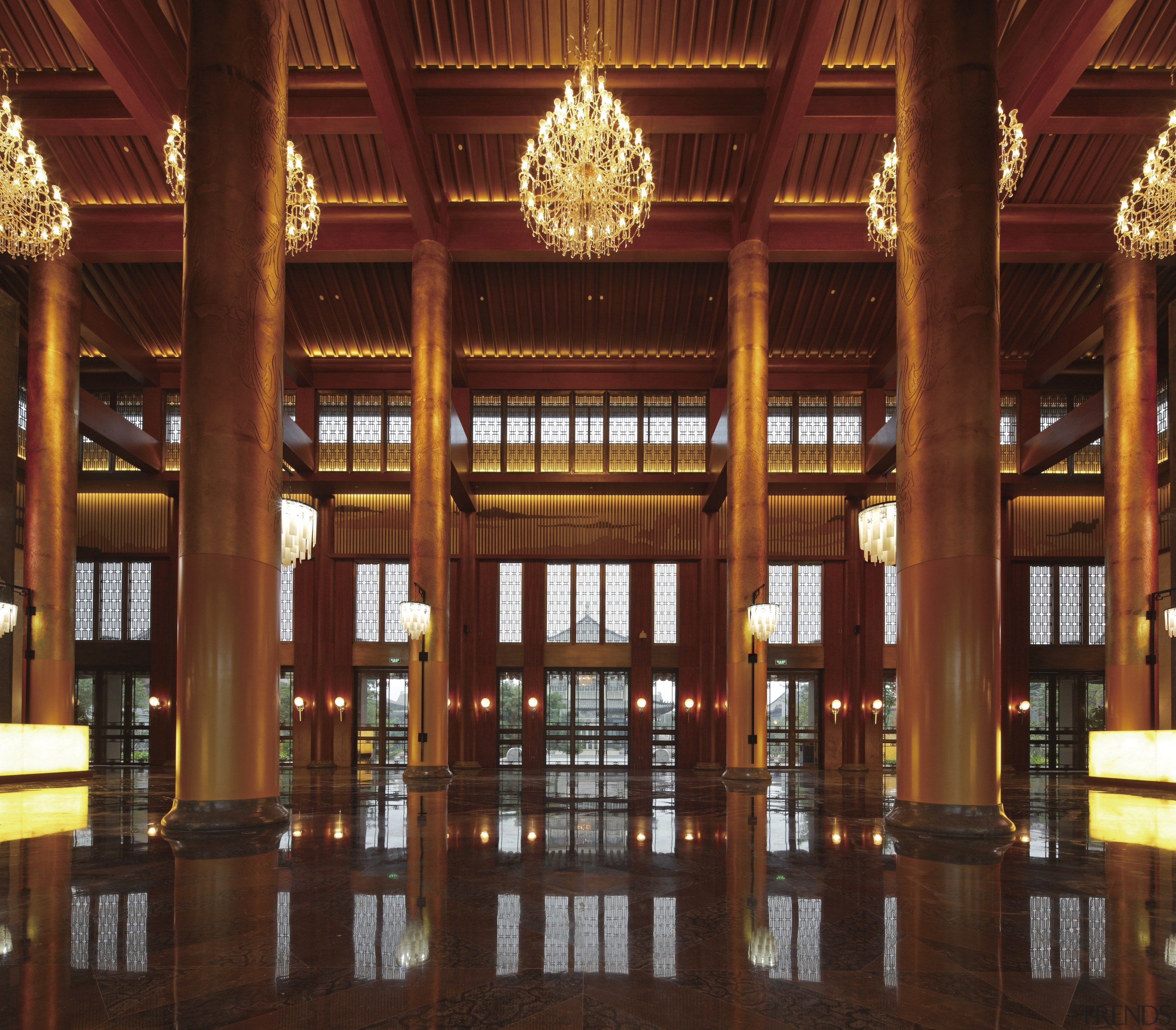 View of interior with light features. - View function hall, interior design, library, lobby, symmetry, wood, red, brown