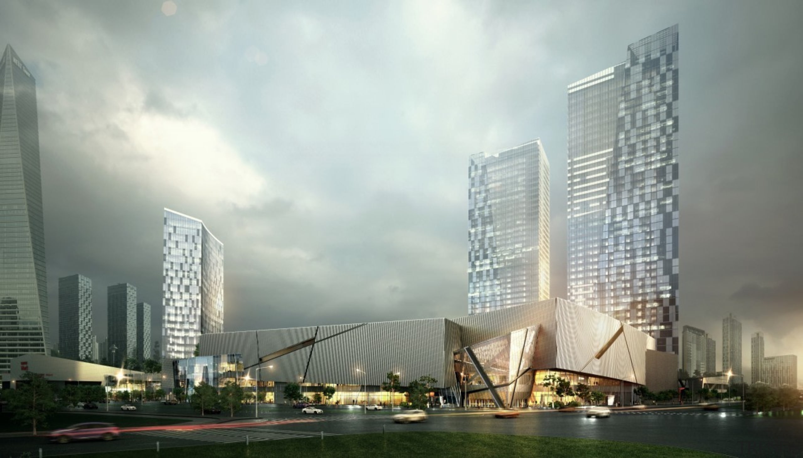 New Lotte Mall 03 - New Lotte Mall architecture, building, city, cityscape, condominium, corporate headquarters, daytime, headquarters, landmark, metropolis, metropolitan area, mixed use, sky, skyline, skyscraper, tower, tower block, urban area, white, gray