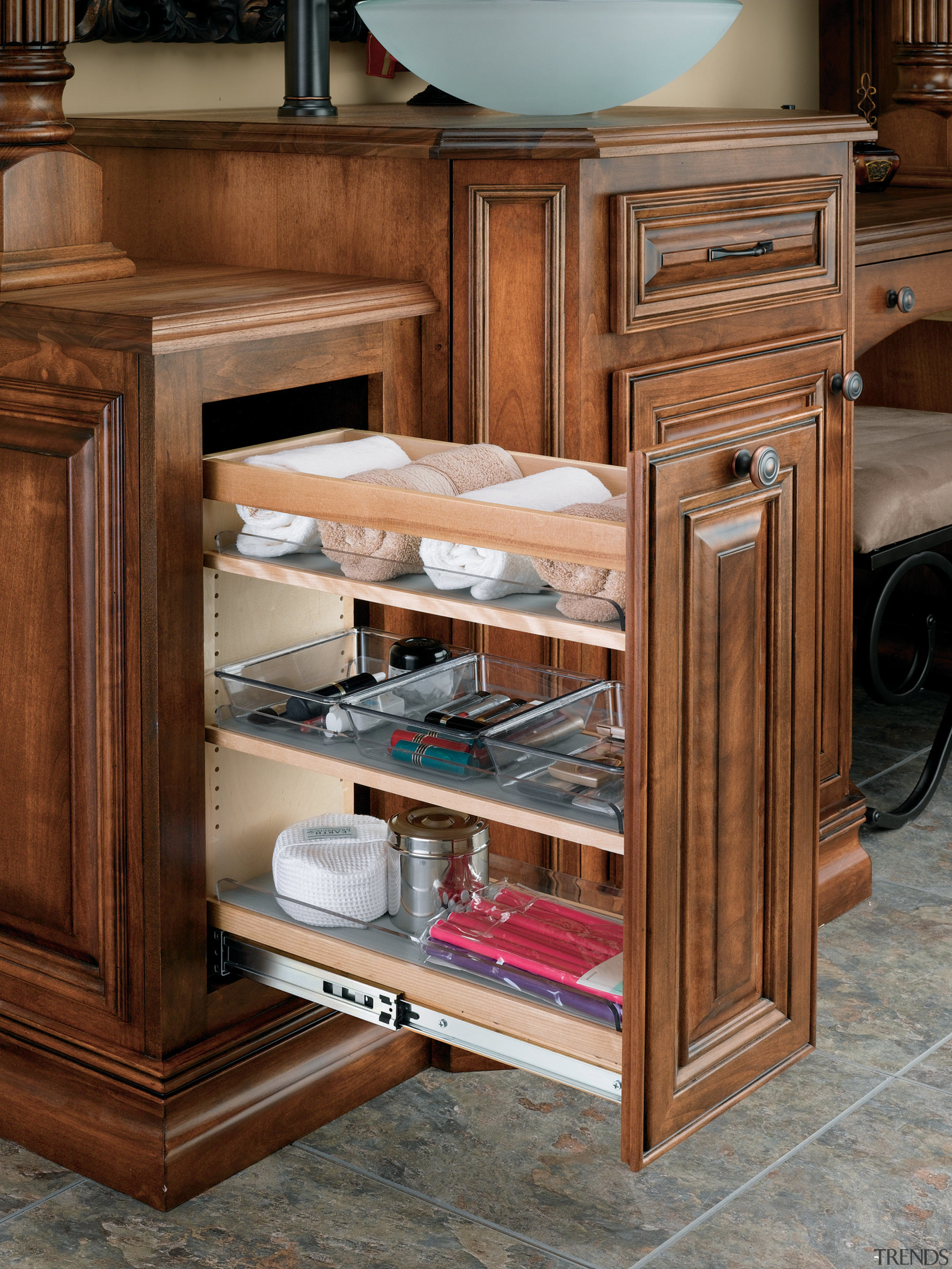 View of cabinetry which features storage systems from cabinetry, drawer, furniture, hardwood, shelving, wood stain, brown, gray