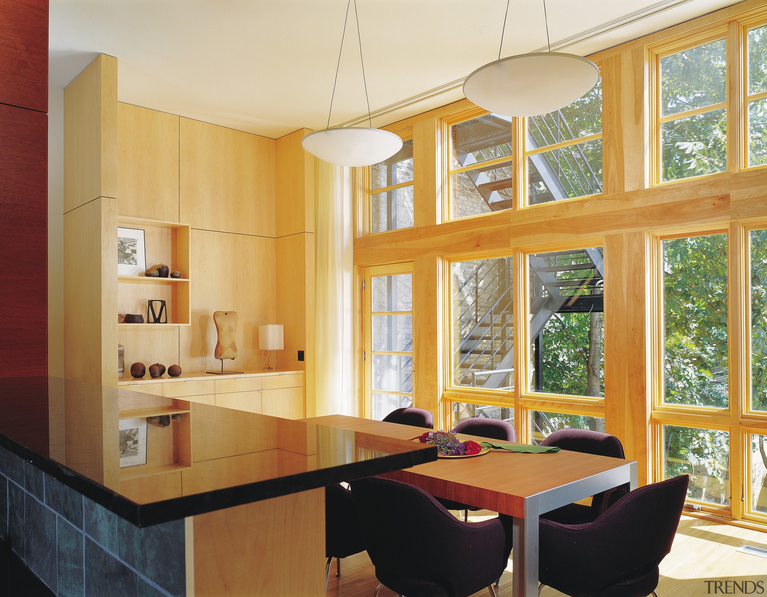 View of the dining area - View of cabinetry, ceiling, countertop, dining room, interior design, kitchen, living room, room, window, orange