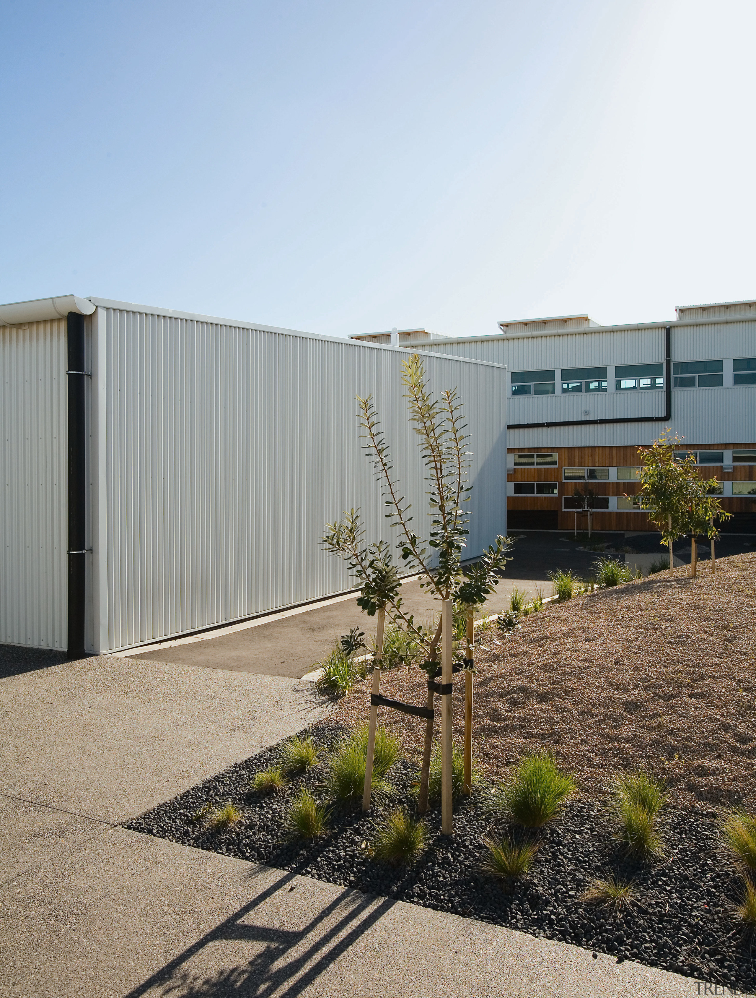 View of Williamstown High School in Melbourne. Designed architecture, facade, home, house, property, real estate, residential area, gray