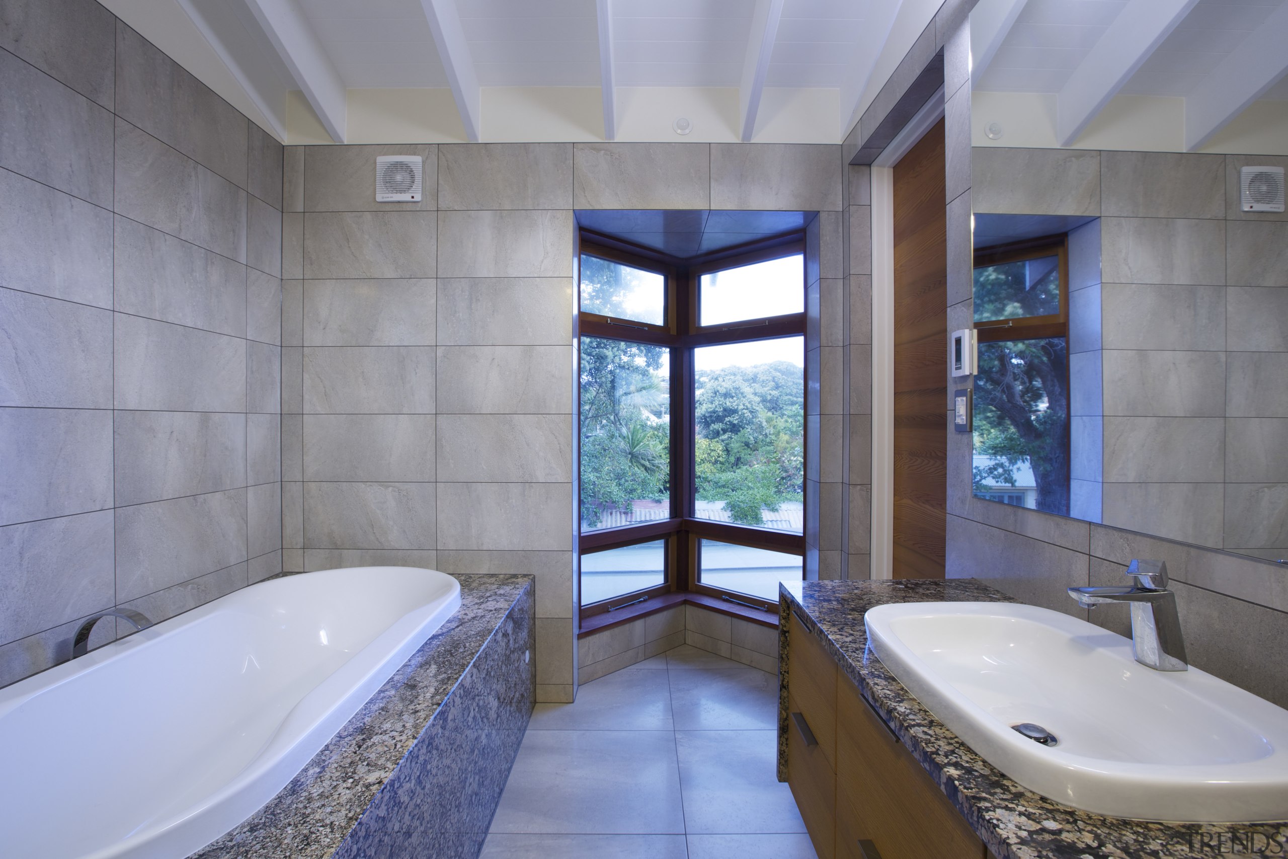 Coastal connections this house by Richard Middleton opens architecture, bathroom, estate, home, interior design, property, real estate, room, gray