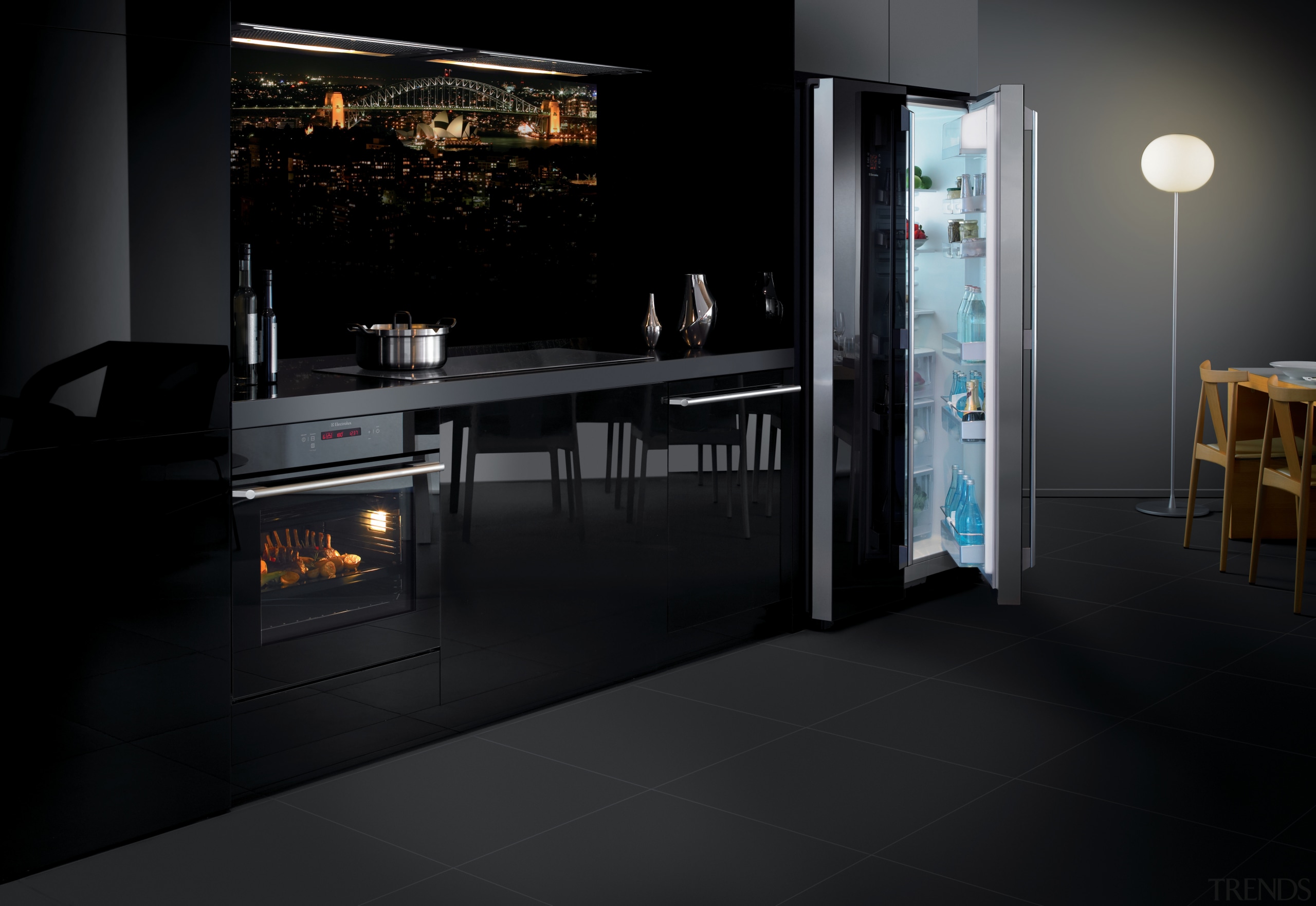 View of a contemporary kitchen which features dark furniture, interior design, product design, black