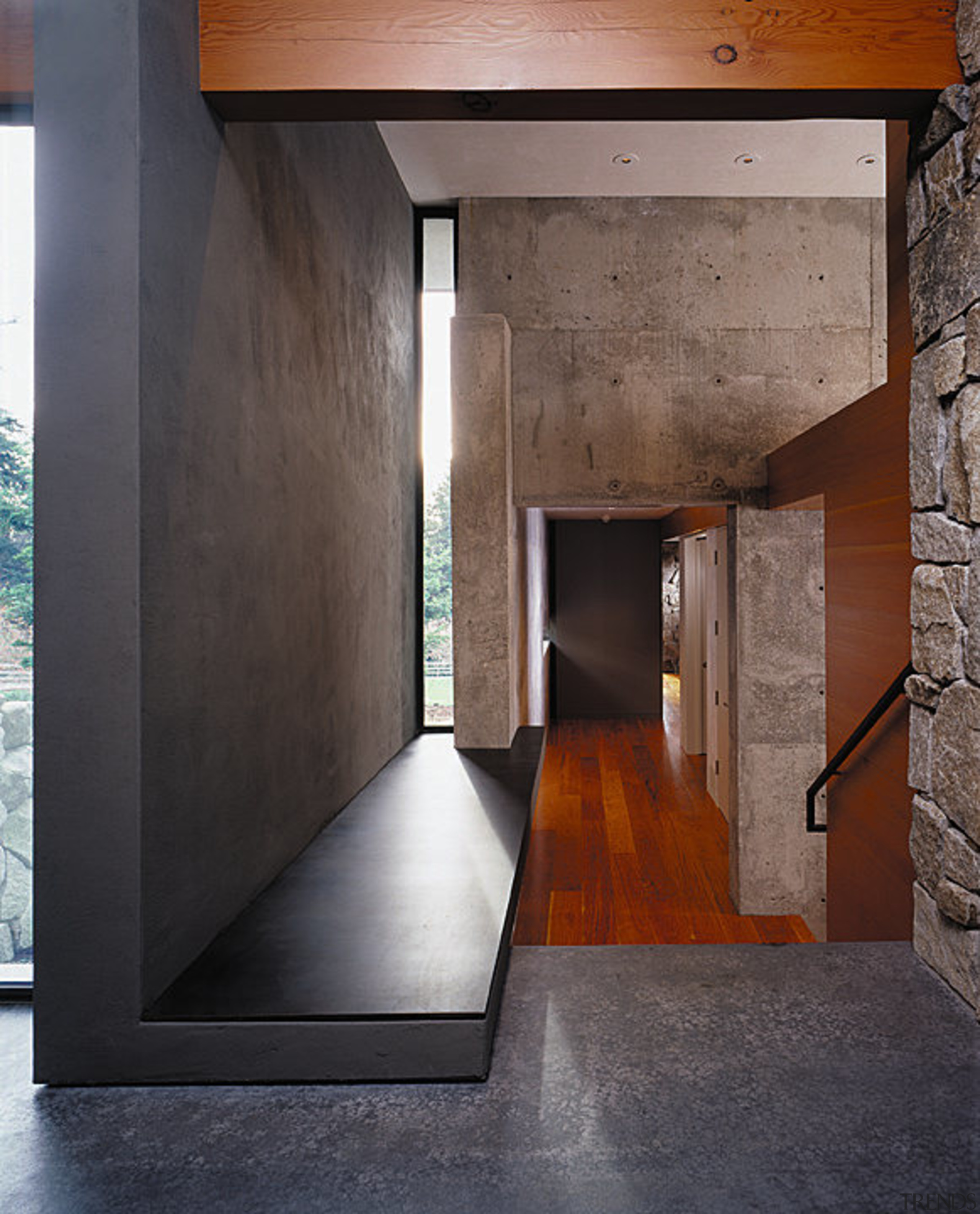 View of entrance way leading into the hallway architecture, floor, house, interior design, wall, wood, black, gray