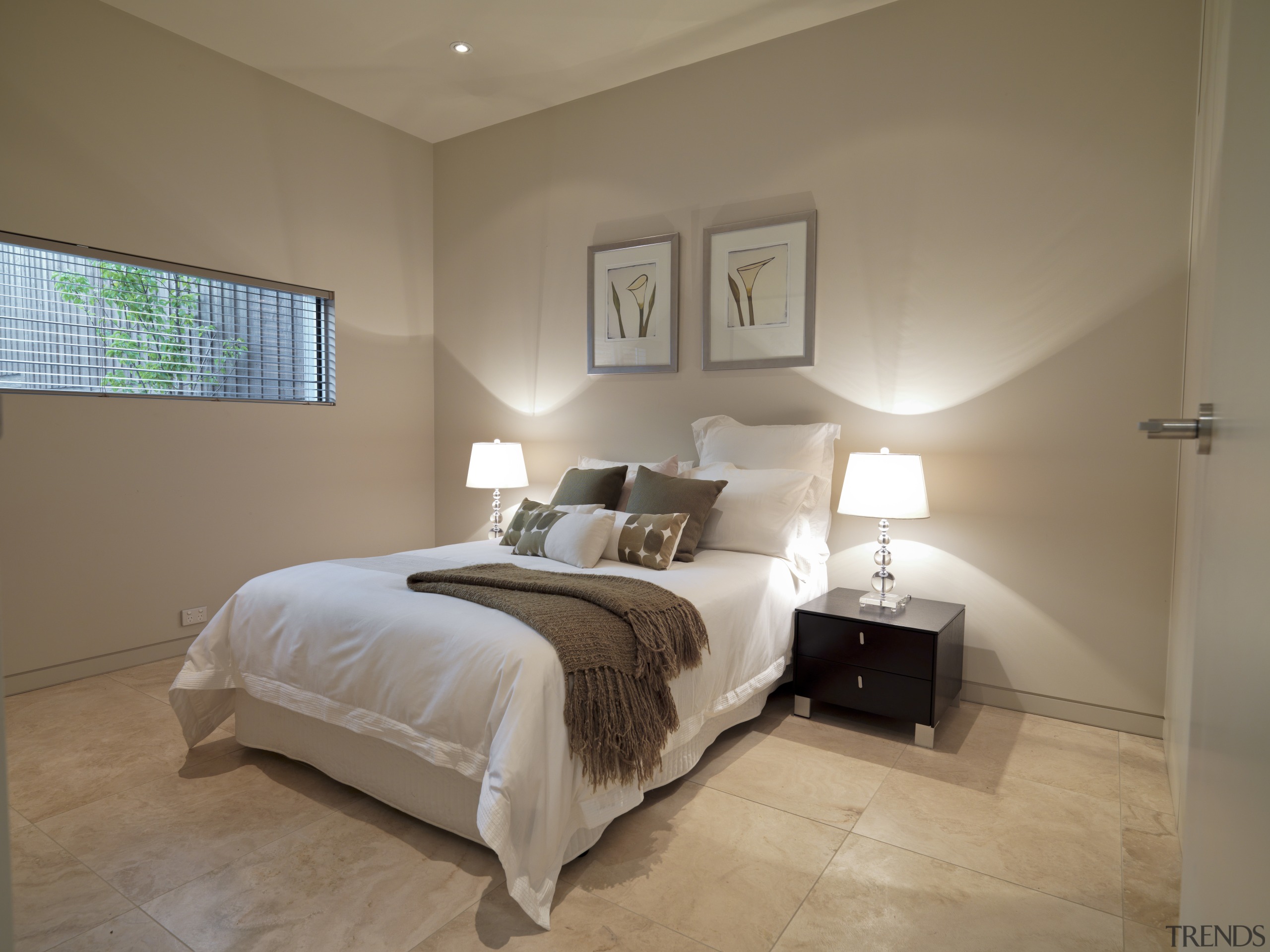 View of a bedroom which features travertine marble bed frame, bedroom, ceiling, estate, floor, home, interior design, property, real estate, room, wall, window, wood, brown