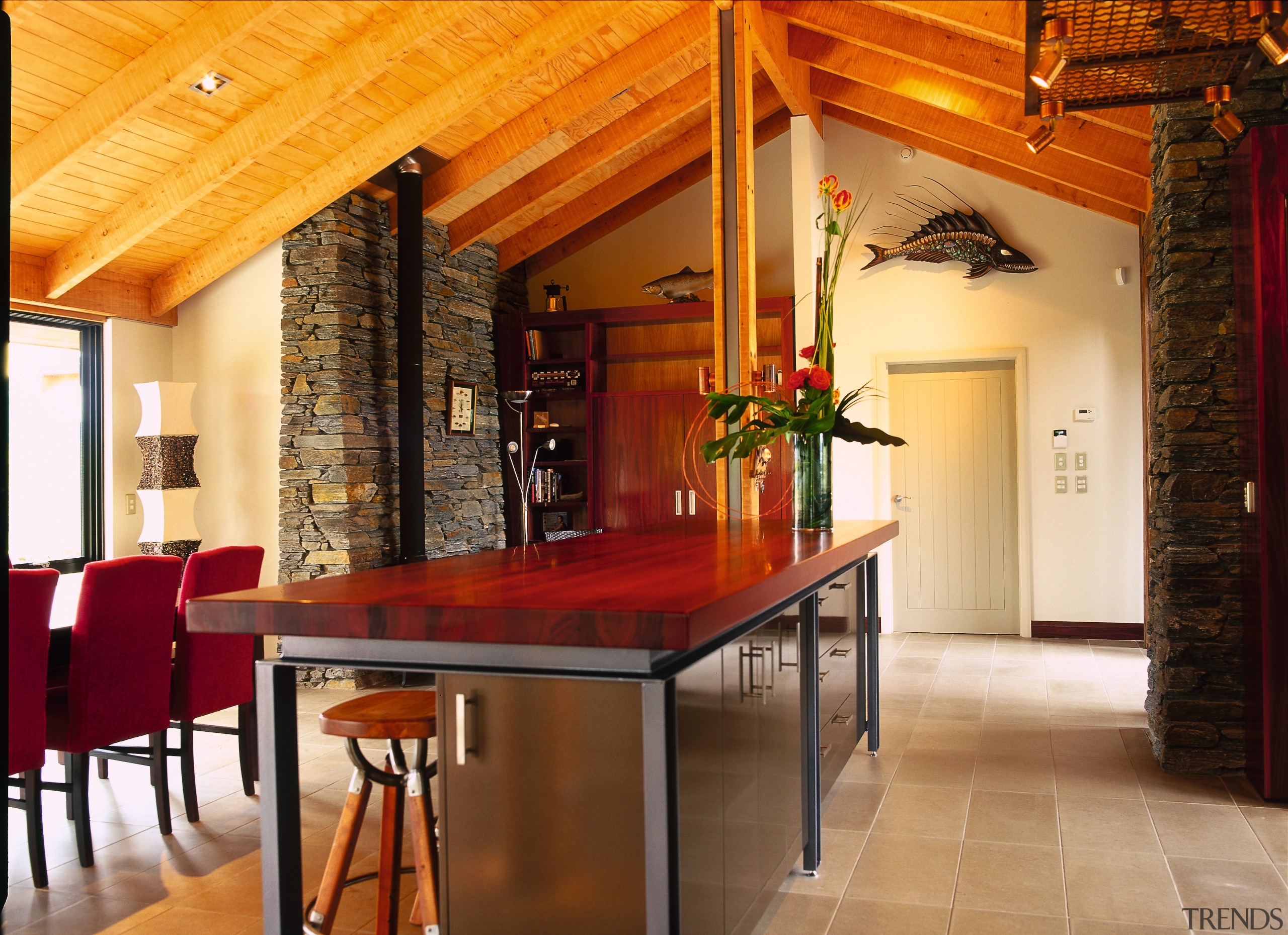 view of the informal benchtop eating area - architecture, beam, ceiling, countertop, estate, flooring, hardwood, home, interior design, kitchen, real estate, table, wood, wood flooring, orange, brown