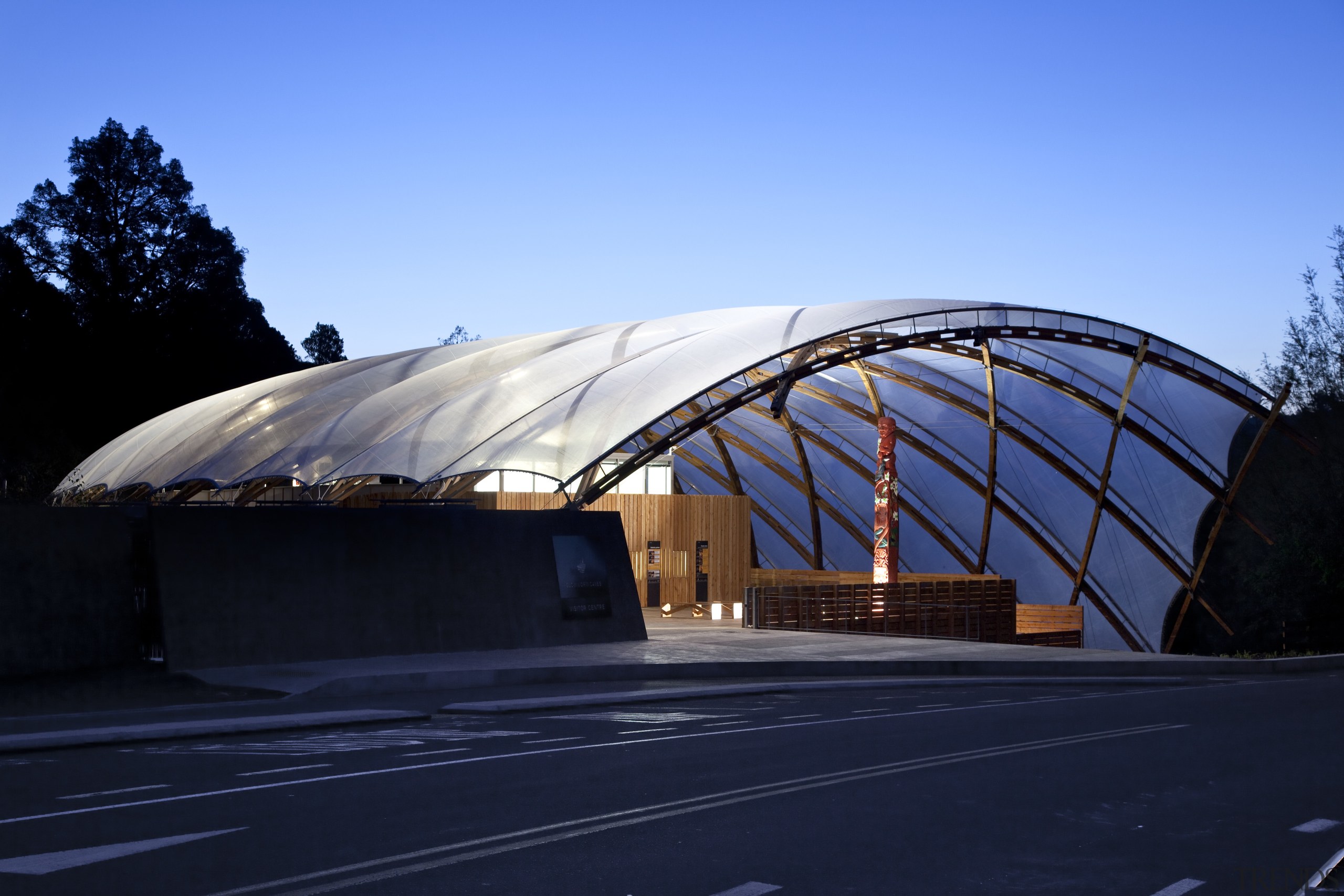 View of the canopy at the Waitomo Caves architecture, building, daylighting, dome, roof, sky, structure, teal, blue