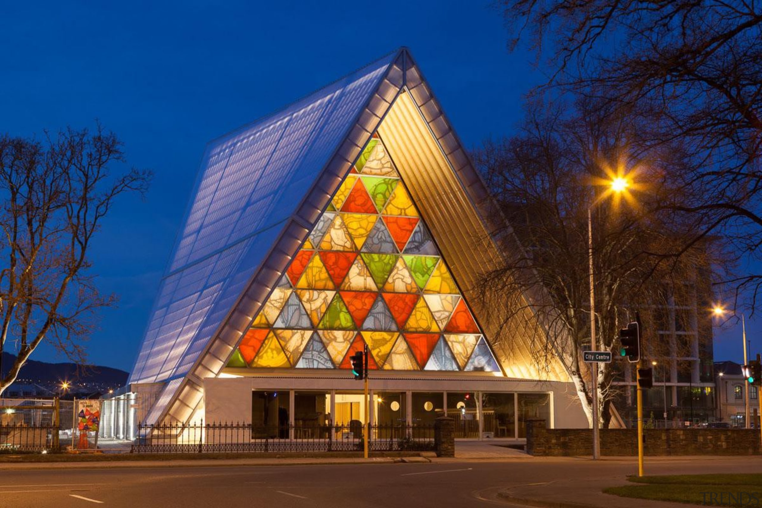 EXCELLENCE AWARDChristchurch Transitional Cathedral (1 of 4) architecture, building, christmas tree, corporate headquarters, facade, landmark, lighting, metropolis, mixed use, night, sky, tourist attraction, tree, blue, brown