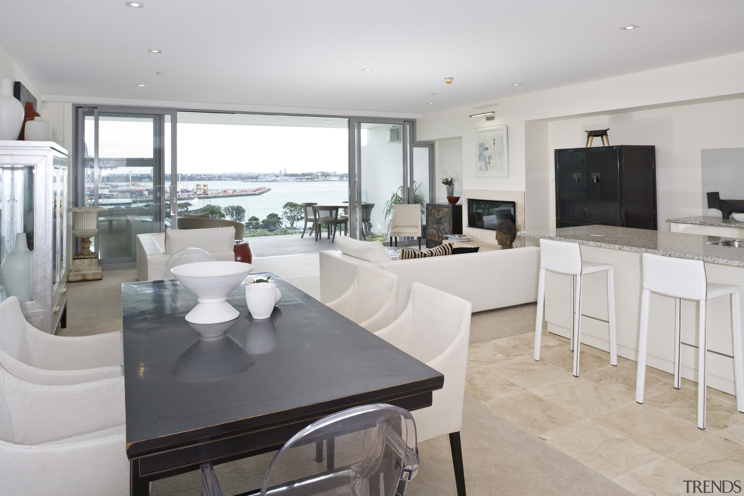 View of open-plan living areas with kitchen featuring interior design, living room, property, real estate, gray