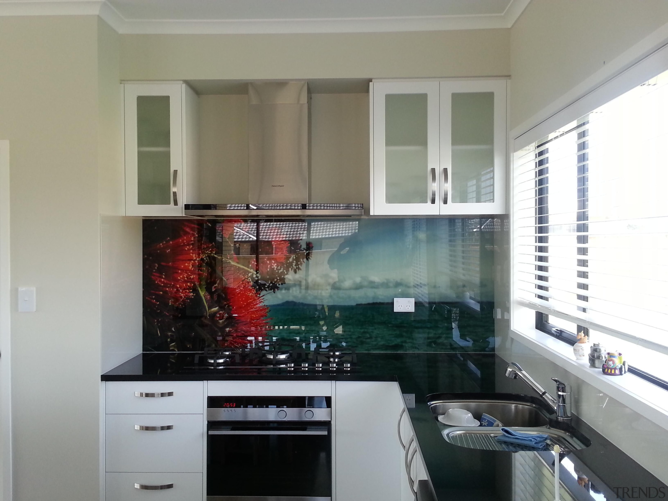 Printed Glass Splashback - Pohutakawa - countertop | countertop, glass, home, interior design, kitchen, room, window, gray