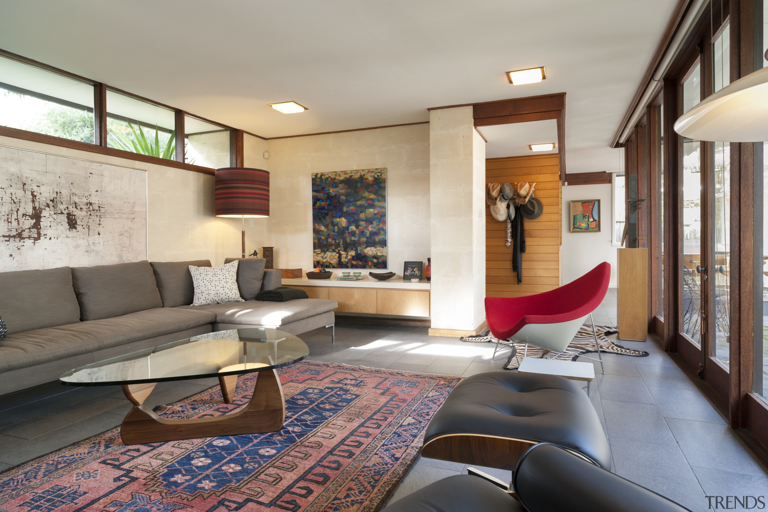 Revamped living room in renovated Mid-century Modern house ceiling, home, house, interior design, living room, real estate, room, gray