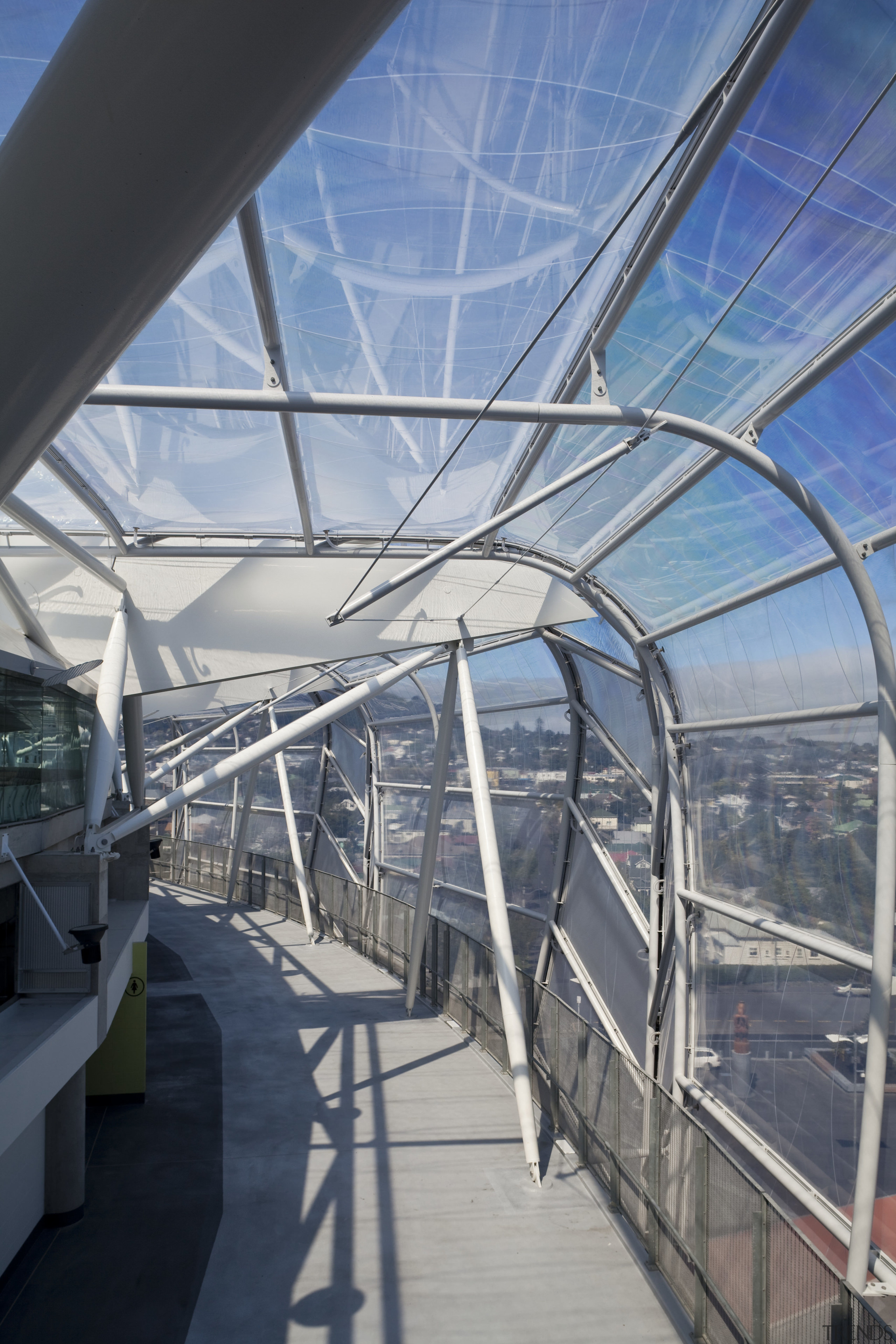 View of the ETFE canopy of Eden Park architecture, building, daylighting, fixed link, line, sky, structure, tourist attraction, gray