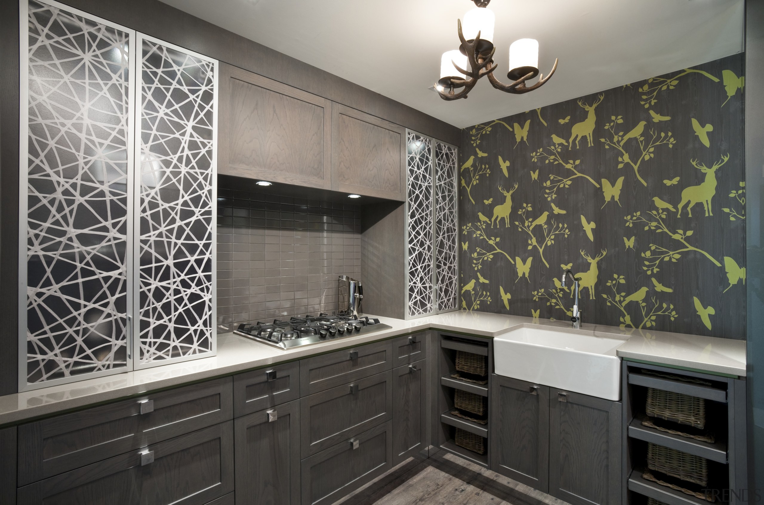 This display kitchen for Quality Kitchens showcases aluminium-framed cabinetry, countertop, flooring, home, interior design, kitchen, room, tile, wall, black, gray