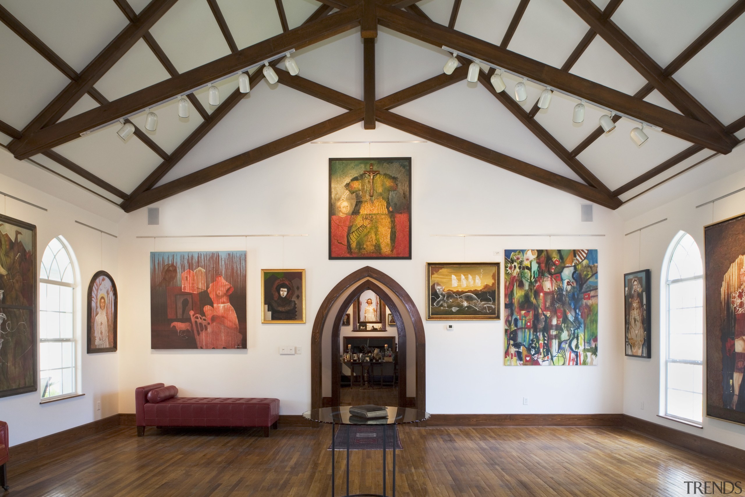 View of the main studio from the front art gallery, ceiling, chapel, exhibition, interior design, museum, tourist attraction, gray, brown