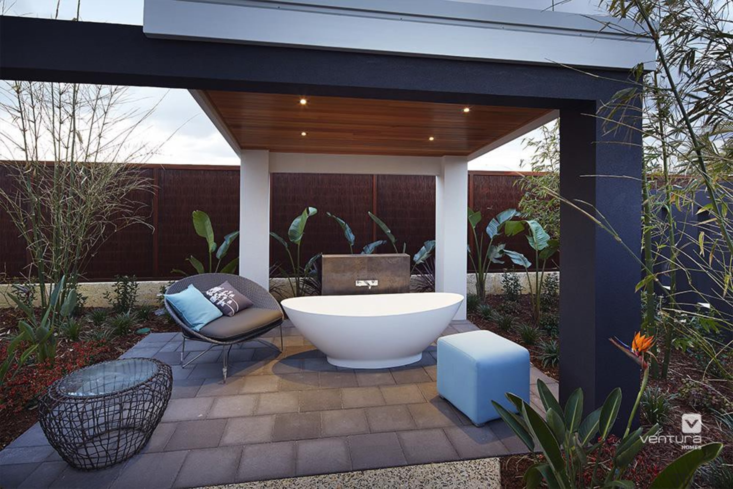 Backyard features outdoor bathtub. - The Meridian Two architecture, backyard, home, house, outdoor structure, patio, property, real estate, black, gray