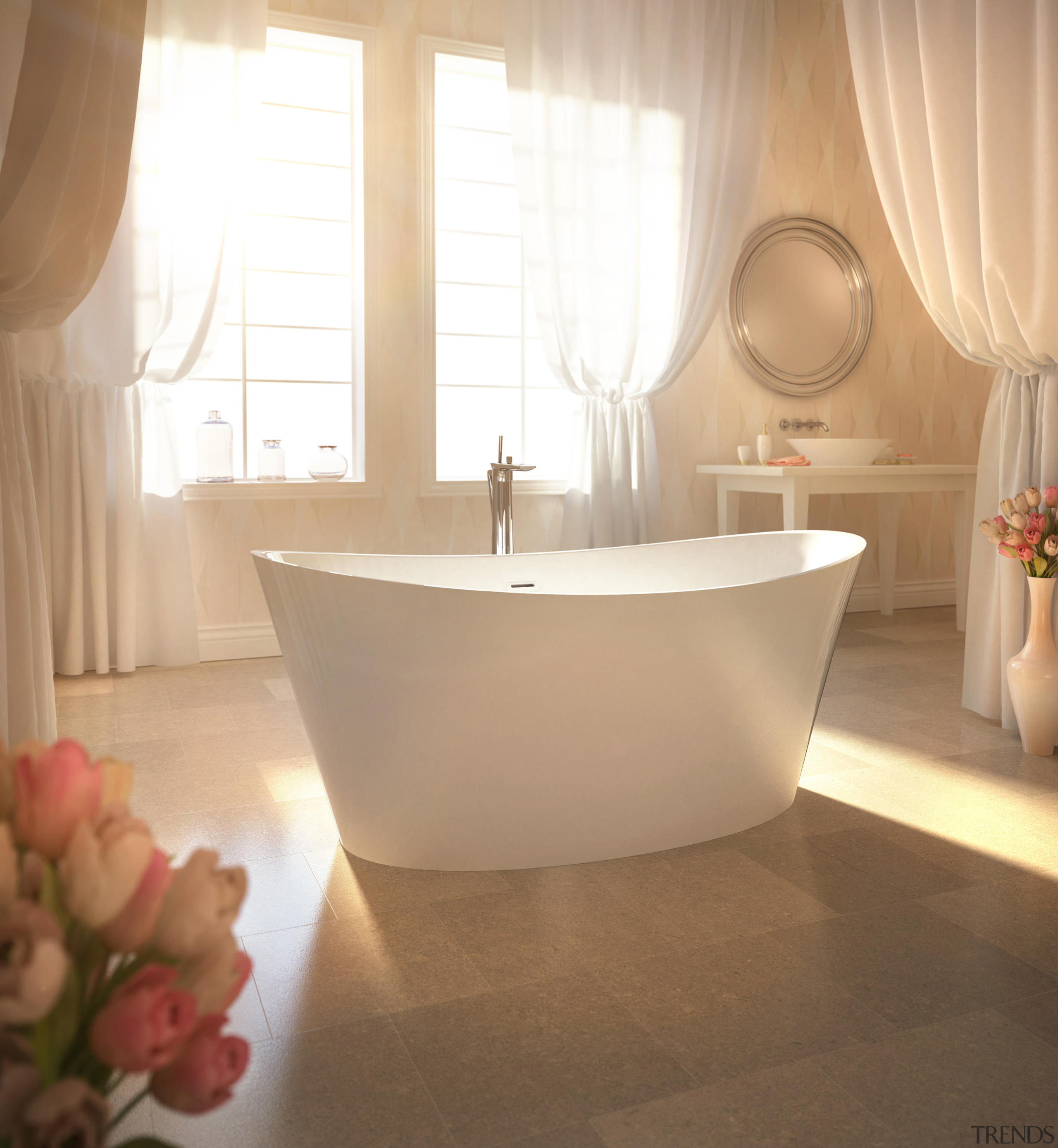 Resort-style bathing is all about the feel-good factor. bathroom, bathroom sink, bathtub, ceramic, floor, flooring, interior design, plumbing fixture, room, sink, tap, tile, orange, brown, white