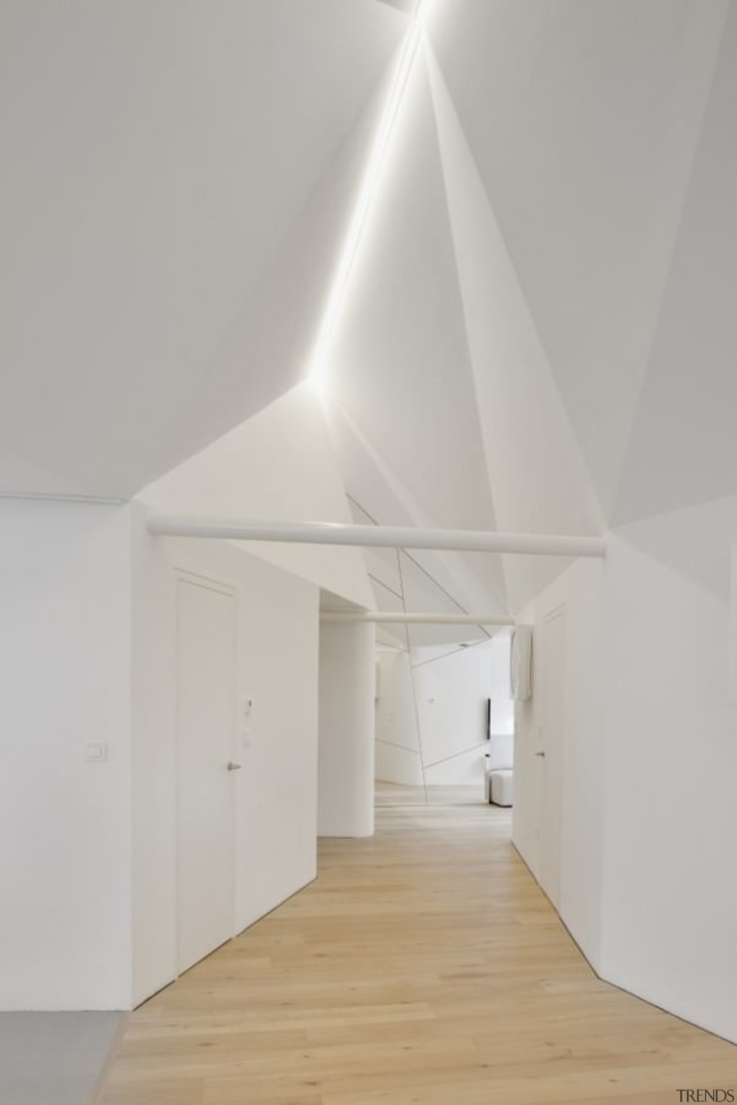 The hallway features recessed natural light – certainly architecture, ceiling, daylighting, house, interior design, product design, gray