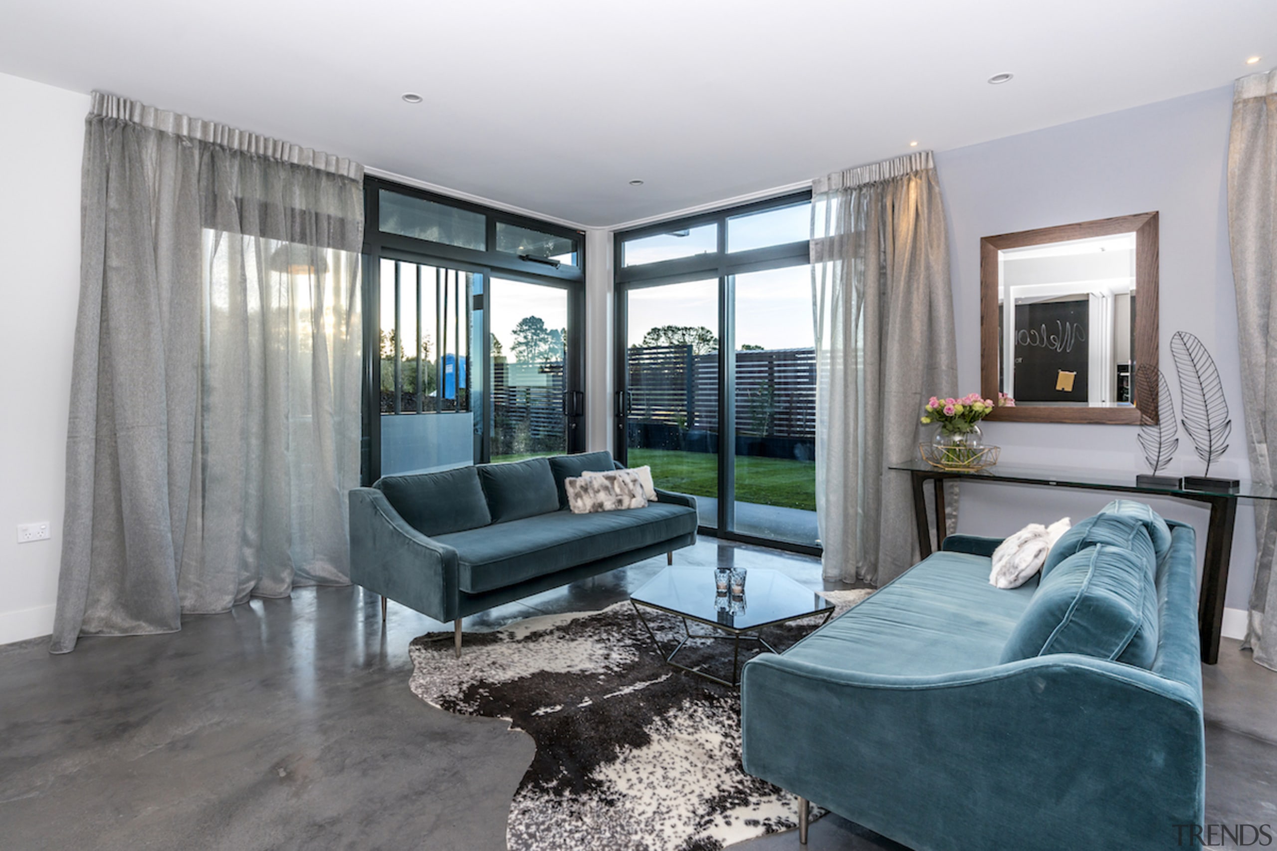 Thermally broken foundations support a coloured polished concrete ceiling, home, interior design, living room, property, real estate, room, window, gray, white