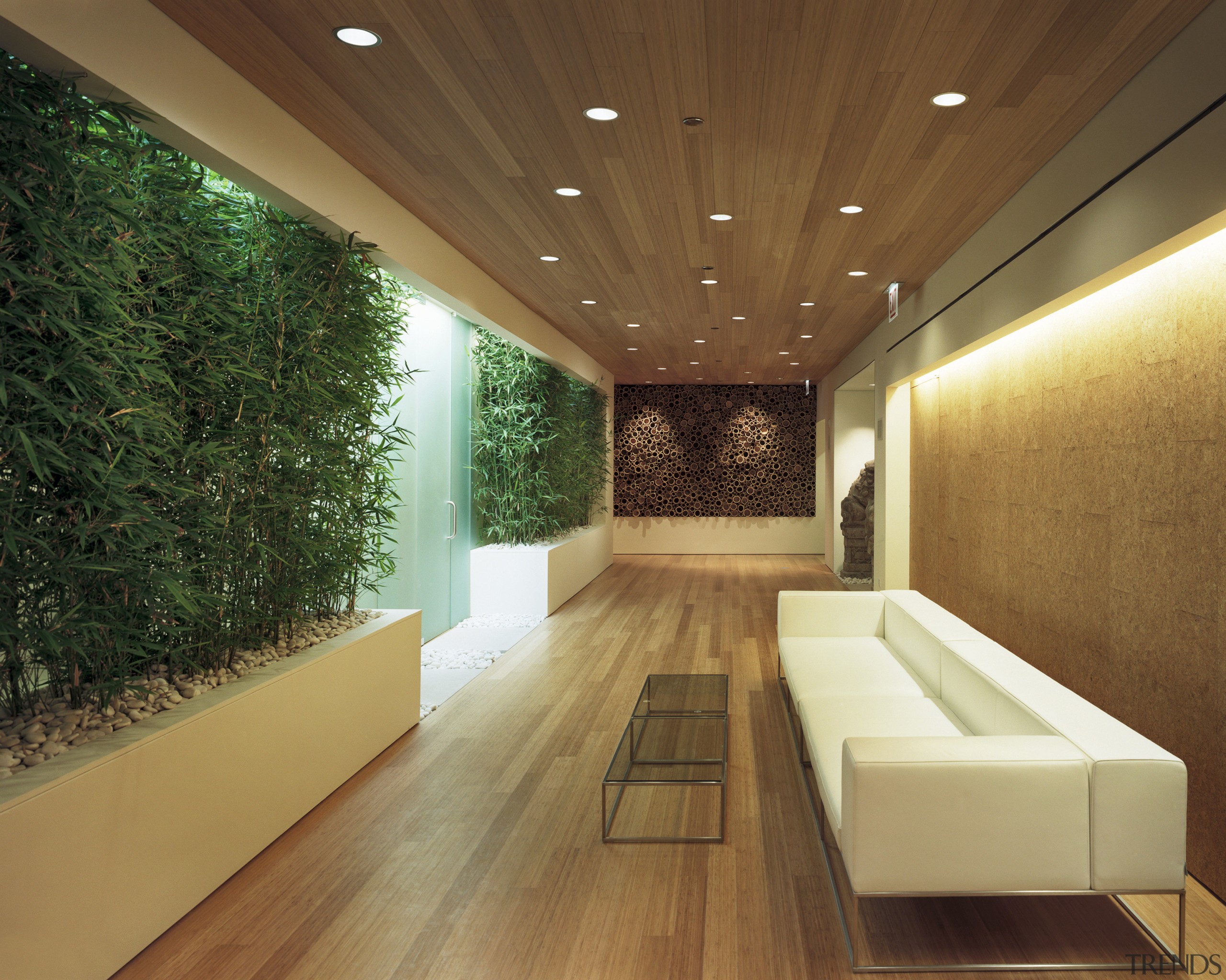 Views looking through the interior of the office. architecture, ceiling, daylighting, floor, interior design, lighting, lobby, wood, brown