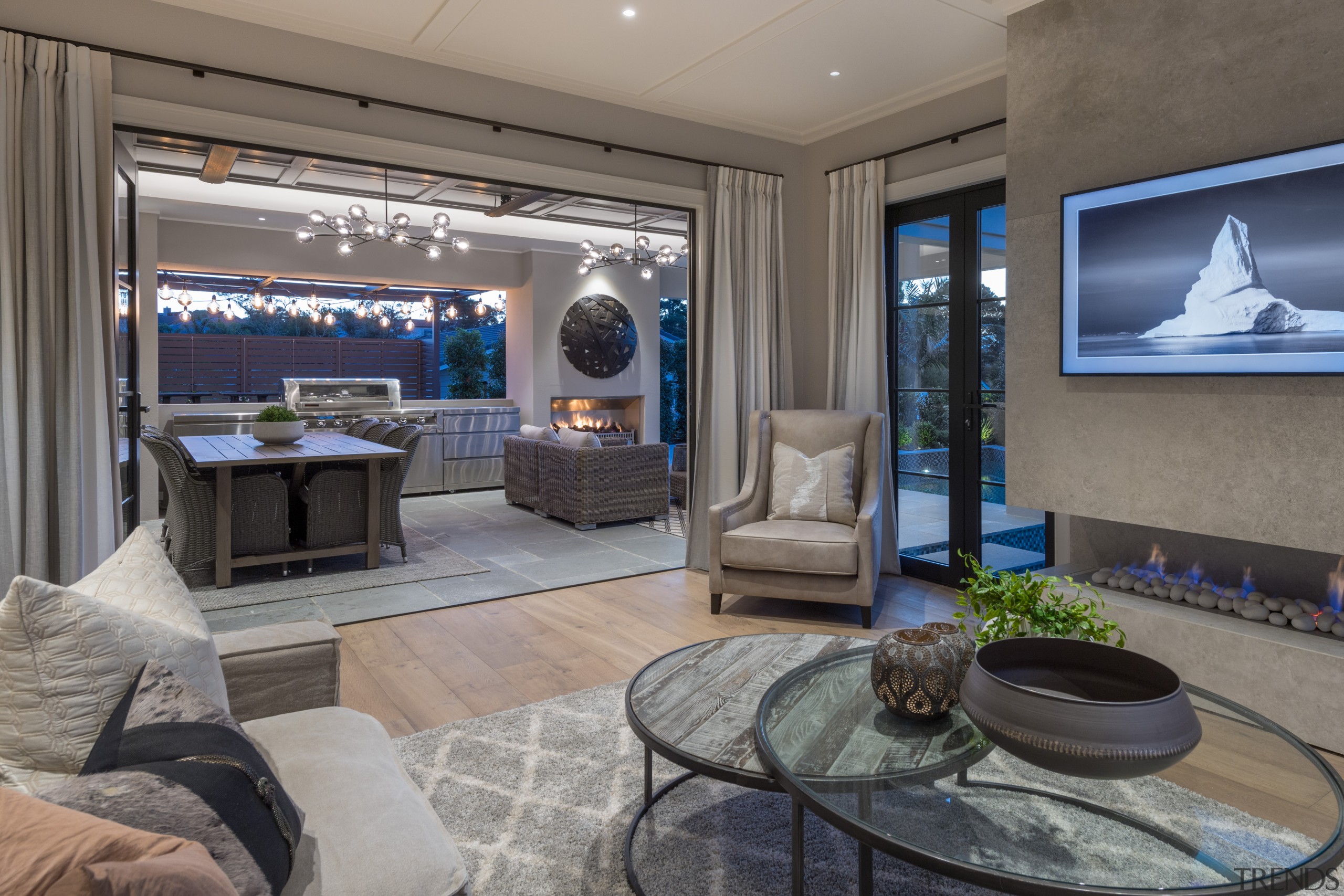 With doors and curtains drawn back much of 