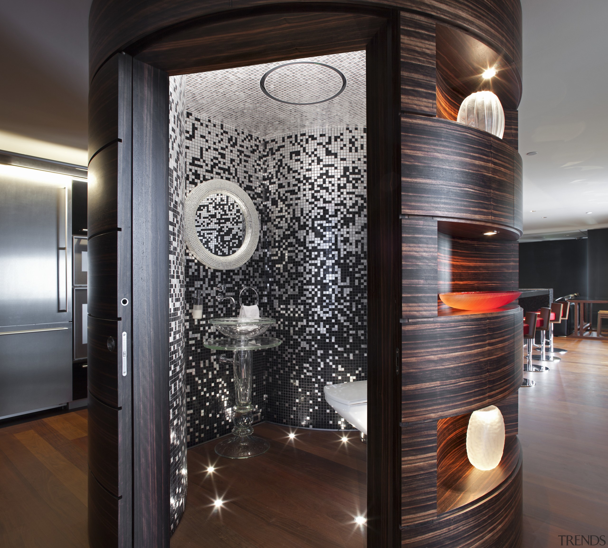 This powder room is contained within a cylinder-shaped ceiling, flooring, interior design, black, gray