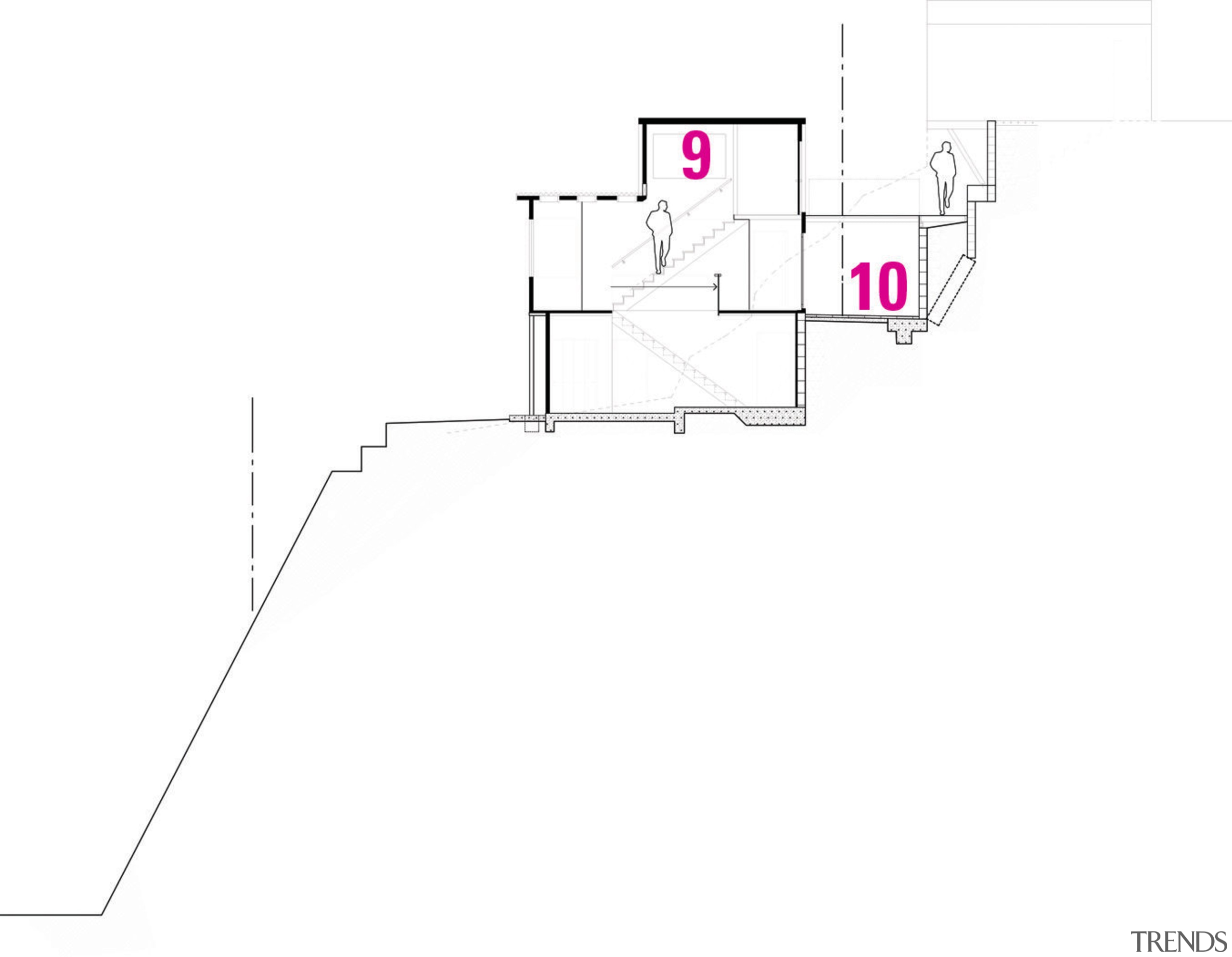 1 Living room. 2 Stairs. 3 Dining room. angle, area, design, diagram, drawing, line, product, product design, white