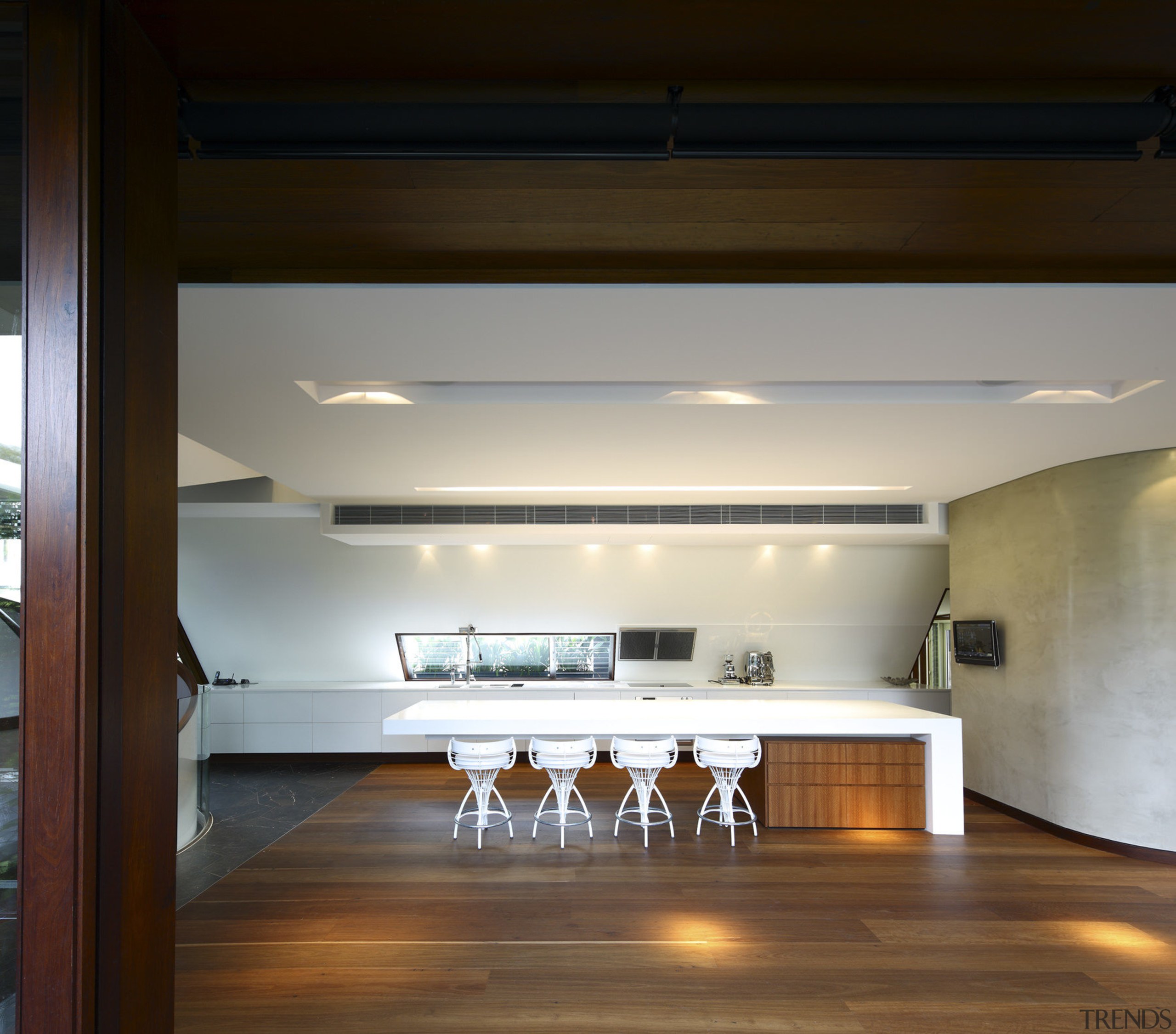 View of this contemporary home designed by Arkhefield architecture, ceiling, daylighting, house, interior design, lighting, loft, black, brown