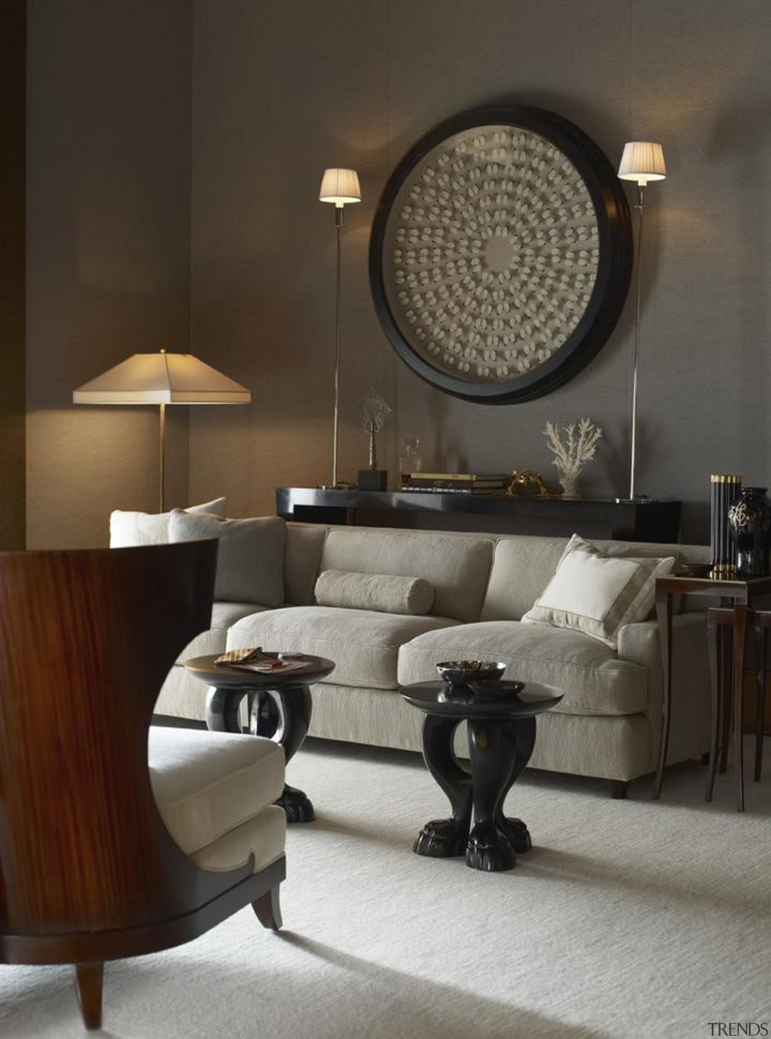 "My natural inclination for grandeur prompts me to ceiling, coffee table, furniture, interior design, light fixture, living room, product design, room, table, wall, black, gray