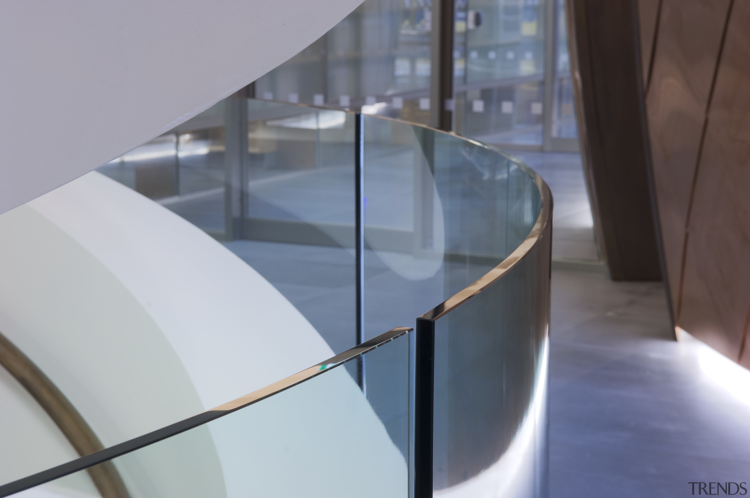 View of an internal stairway at the Supreme architecture, daylighting, furniture, glass, handrail, product design, table, gray