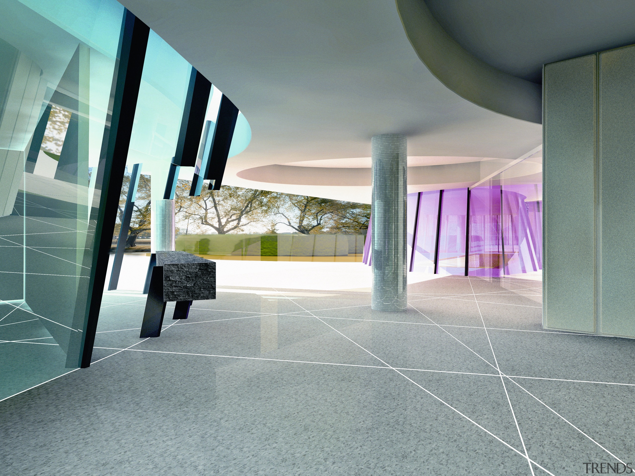 Foyer area of residential tower with columns and architecture, ceiling, condominium, daylighting, floor, flooring, glass, interior design, lobby, real estate, structure, window, gray