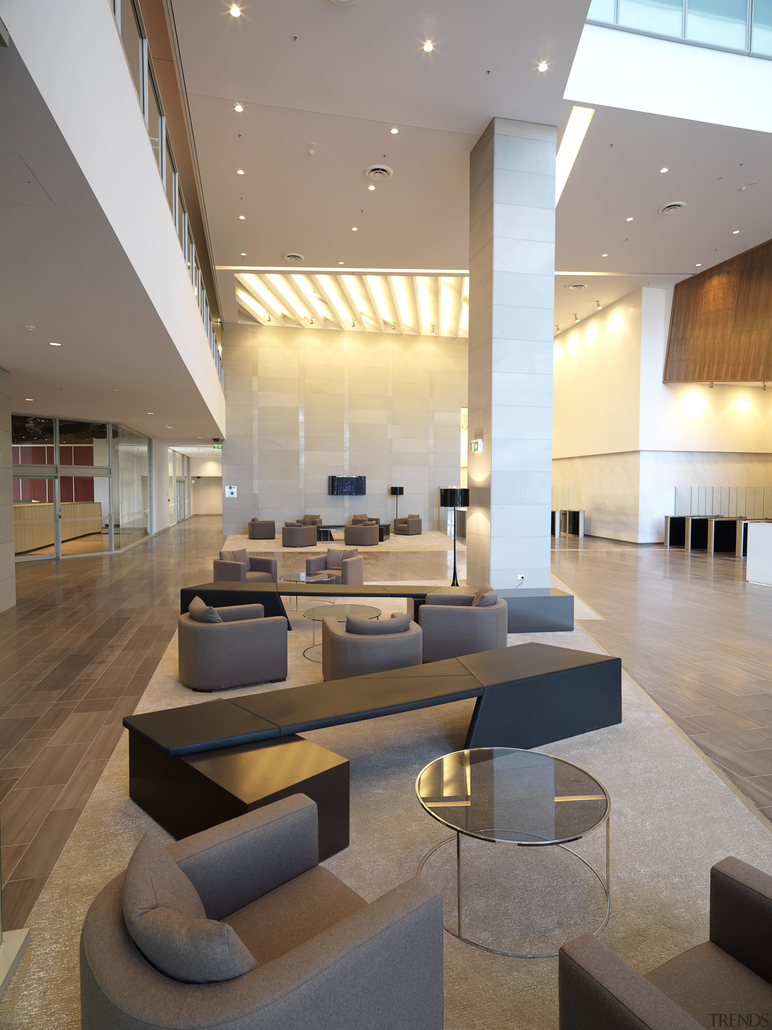 Views of the Axa Insurance Building developed by architecture, ceiling, daylighting, furniture, interior design, lobby, gray, brown