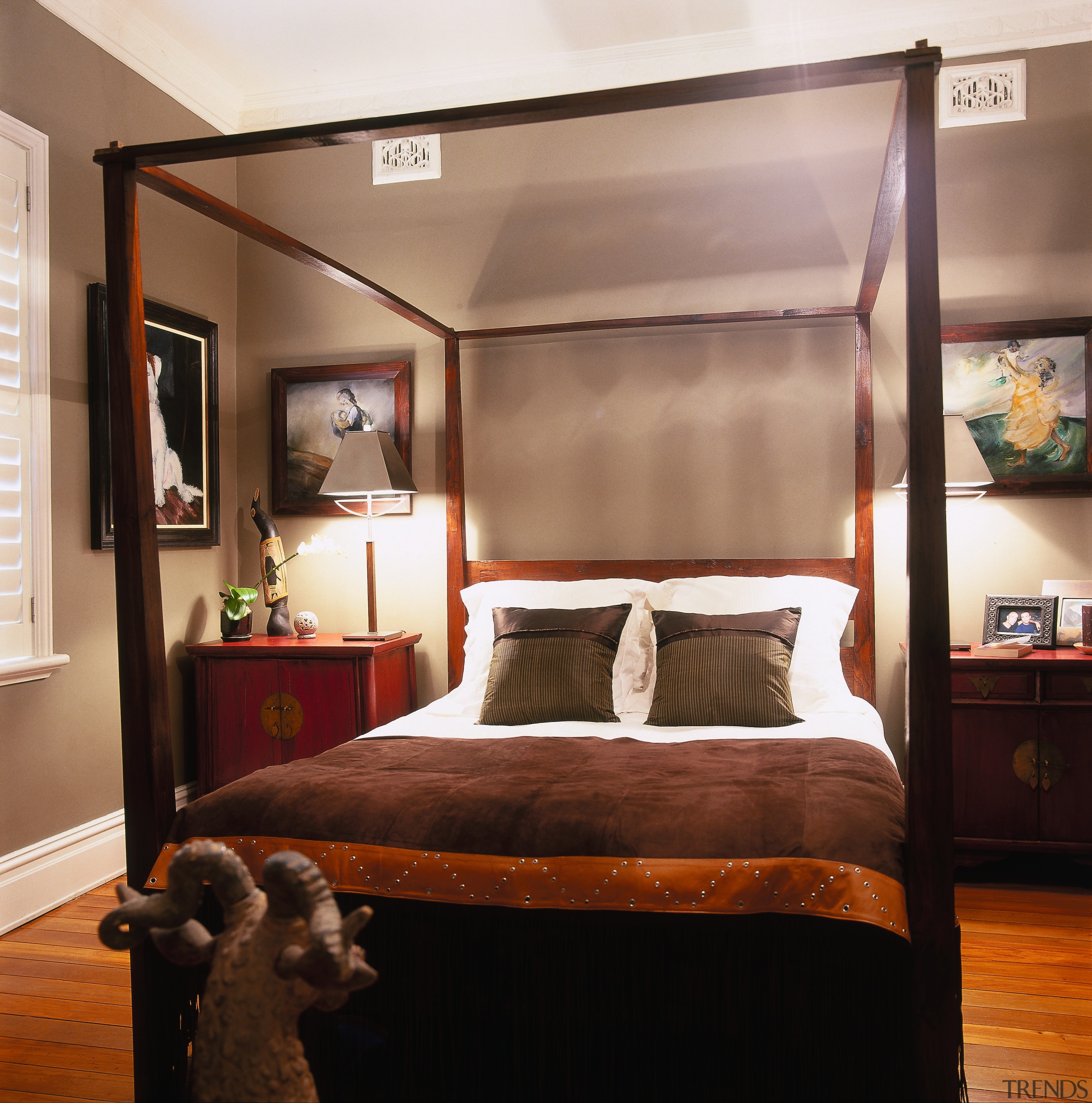 View of this bedroom - View of this bed, bed frame, bedroom, ceiling, furniture, home, interior design, room, brown, black