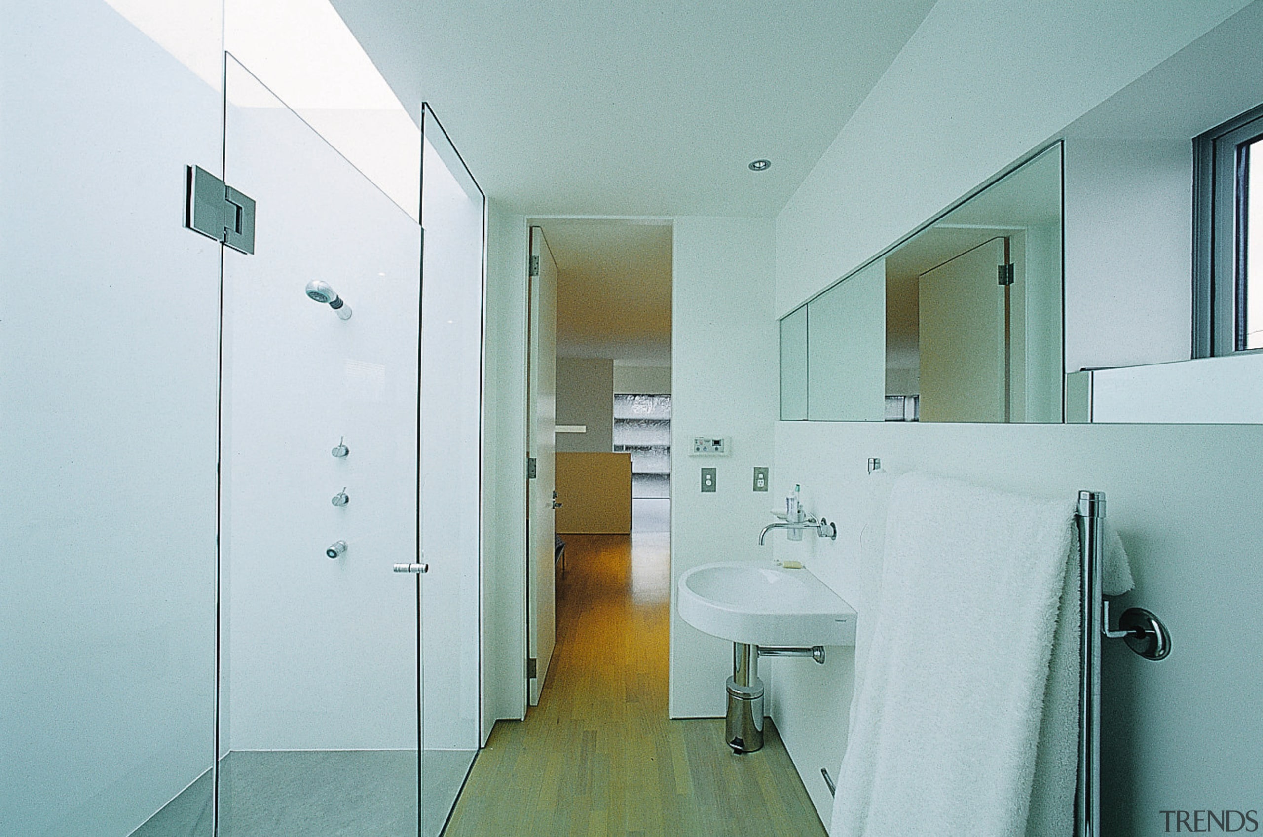A view of the bathroom featuring framelss glass architecture, bathroom, daylighting, home, house, interior design, property, real estate, room, gray