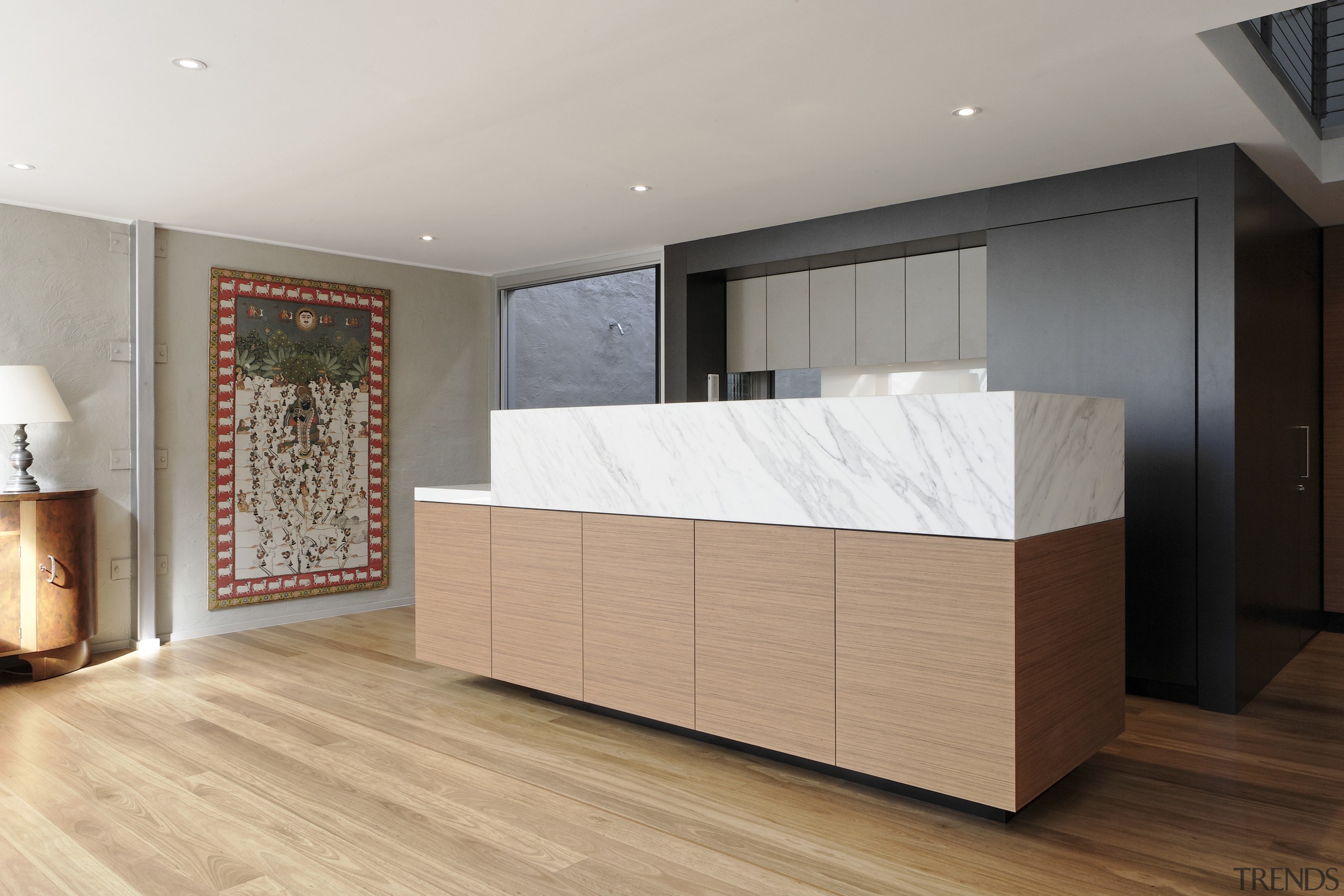 View of wooden flooring and contemporary wooden kitchen cabinetry, chest of drawers, floor, flooring, furniture, hardwood, interior design, laminate flooring, room, wood, wood flooring, gray