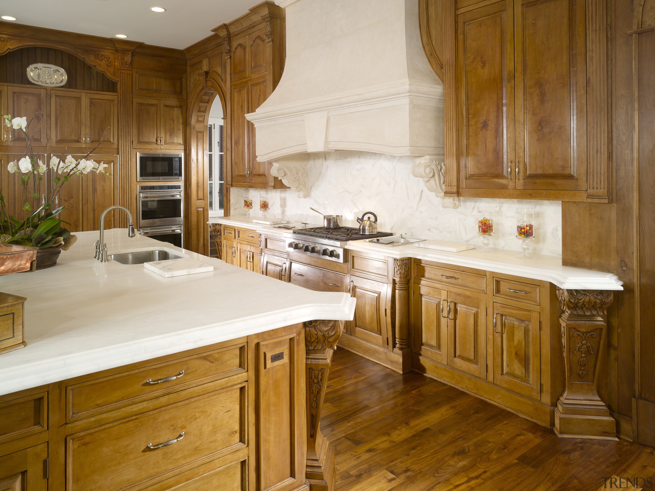 View of classical home &amp; kitchen - View cabinetry, countertop, cuisine classique, floor, flooring, hardwood, home, interior design, kitchen, room, wood, wood flooring, brown