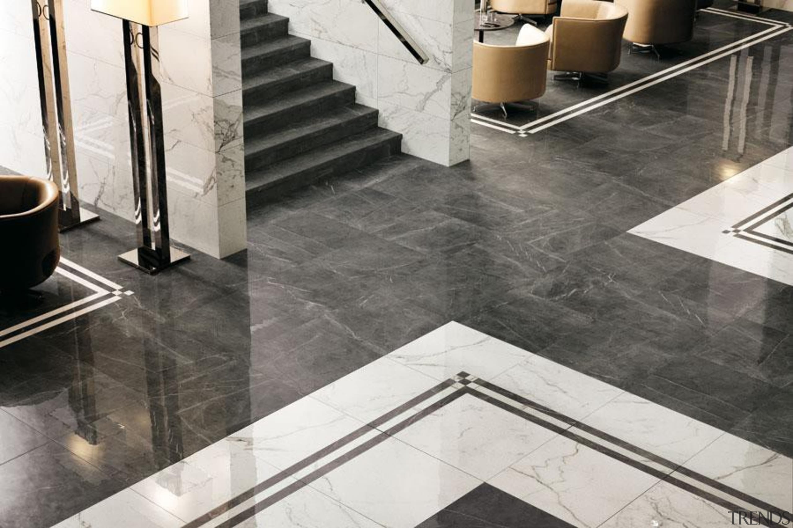 Marvel Calacatta and grey stone wall and floor floor, flooring, interior design, product design, tap, tile, gray, white