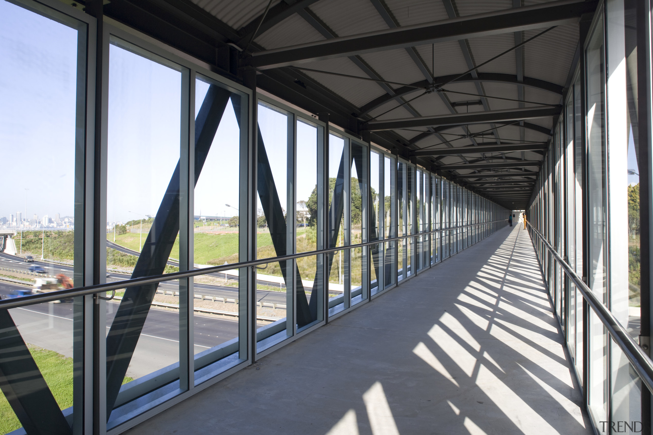 view of aluminium joinery designed and installed by architecture, bridge, building, daylighting, fixed link, metropolitan area, overpass, skyway, structure, walkway, black, white