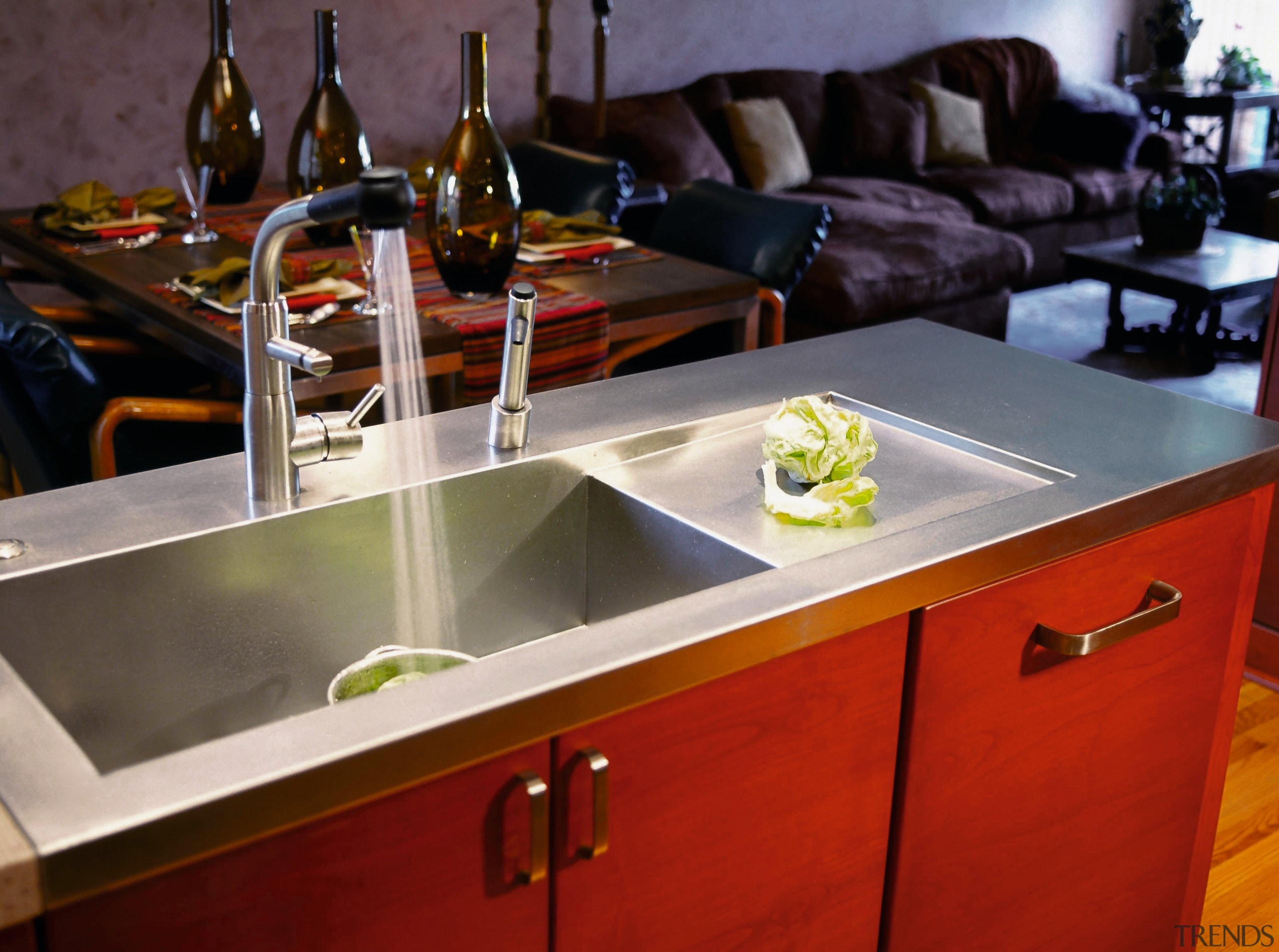 A view of frameless cabinets in alder, with countertop, furniture, interior design, kitchen, sink, table, red, gray