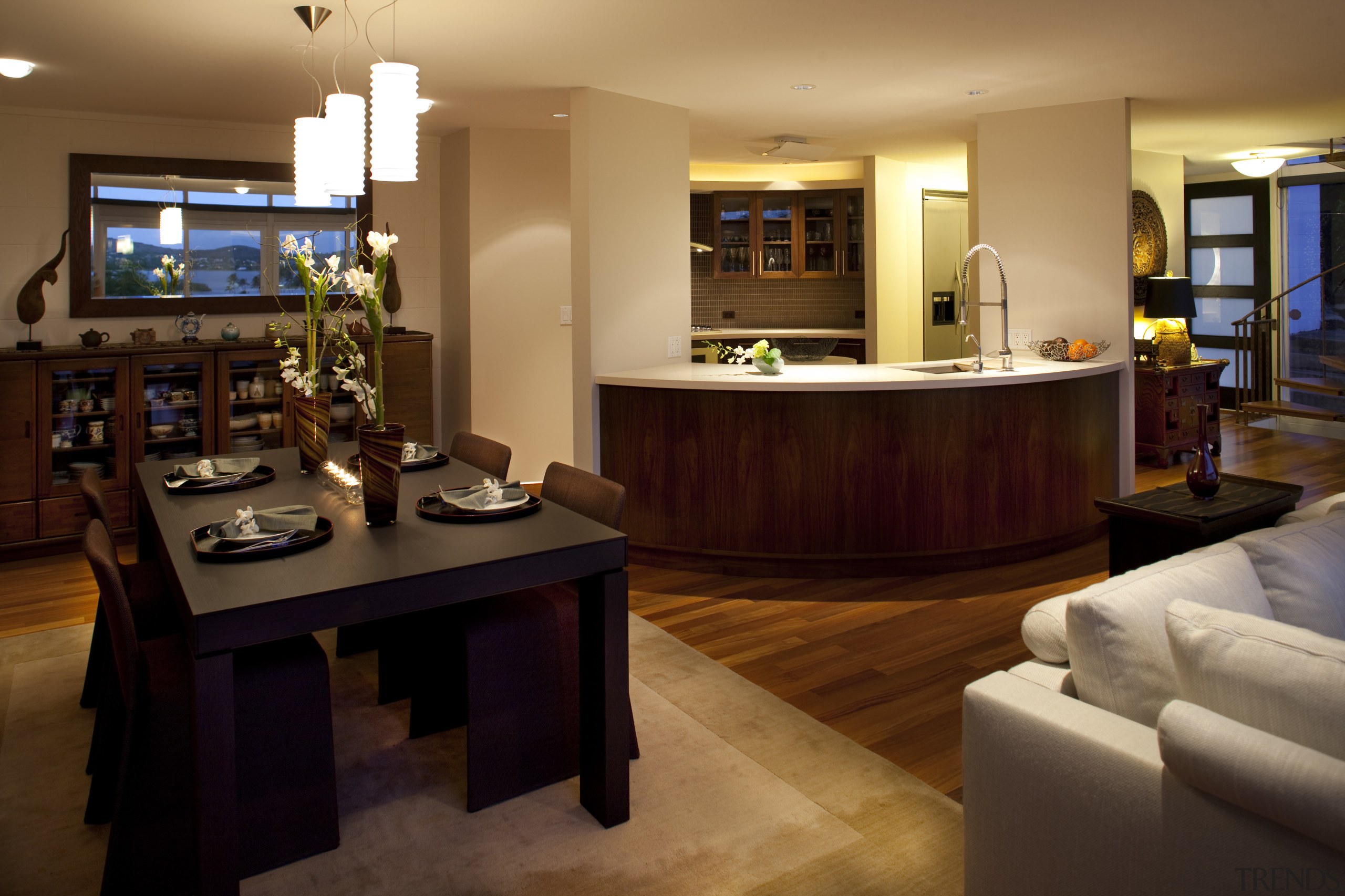 His and hers sensibilities dovetail in this contemporary interior design, living room, lobby, room, brown