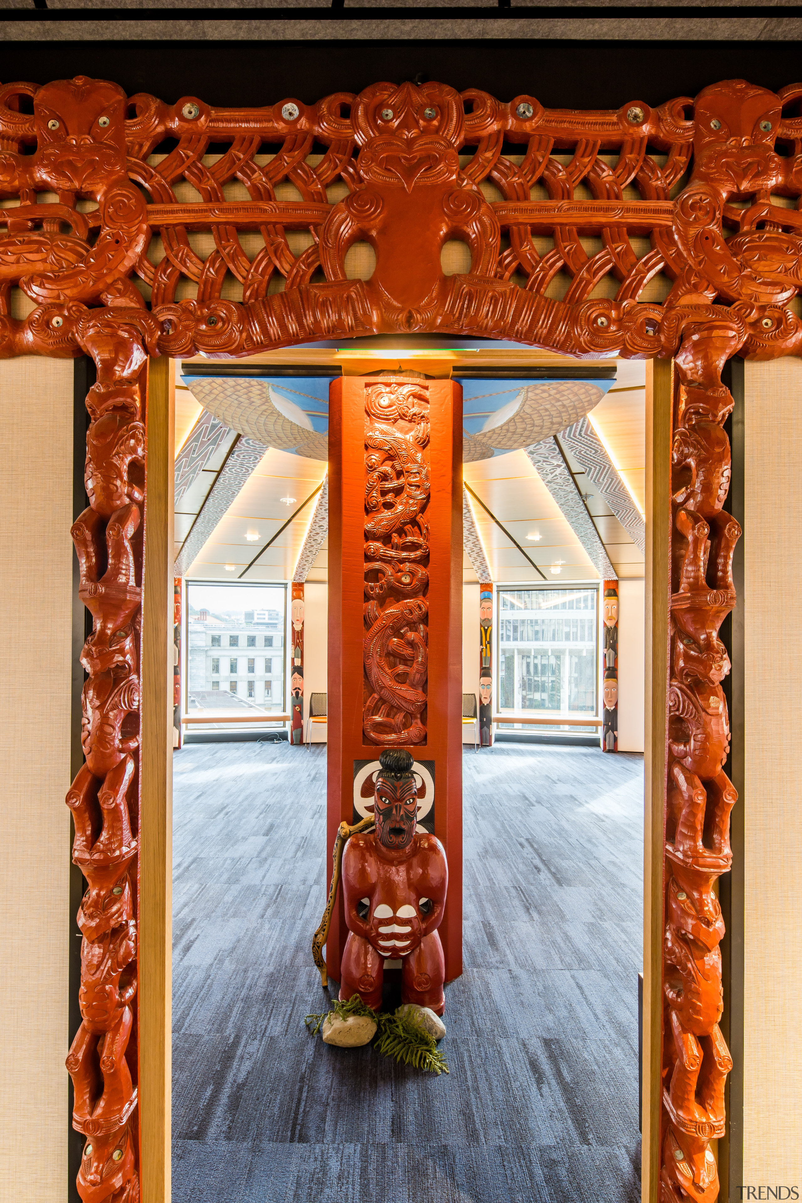 Pride of place. At the new Treasury offices, architecture, art, carving, wharenui, pou, treasury offices, Workspace Architects