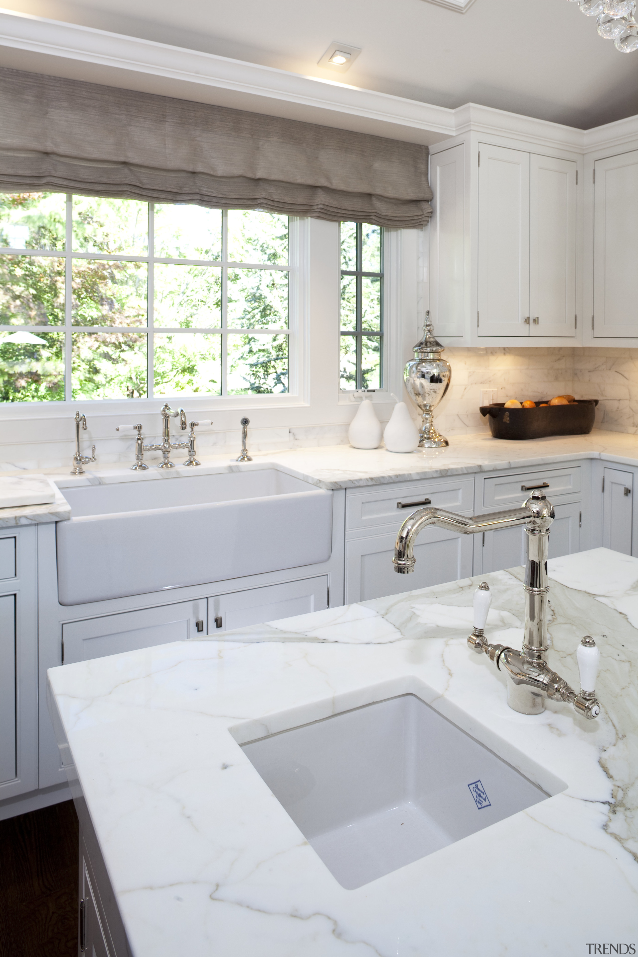 A close up view of a kitchen designed bathroom, countertop, floor, home, interior design, kitchen, plumbing fixture, room, sink, tap, window, white, gray