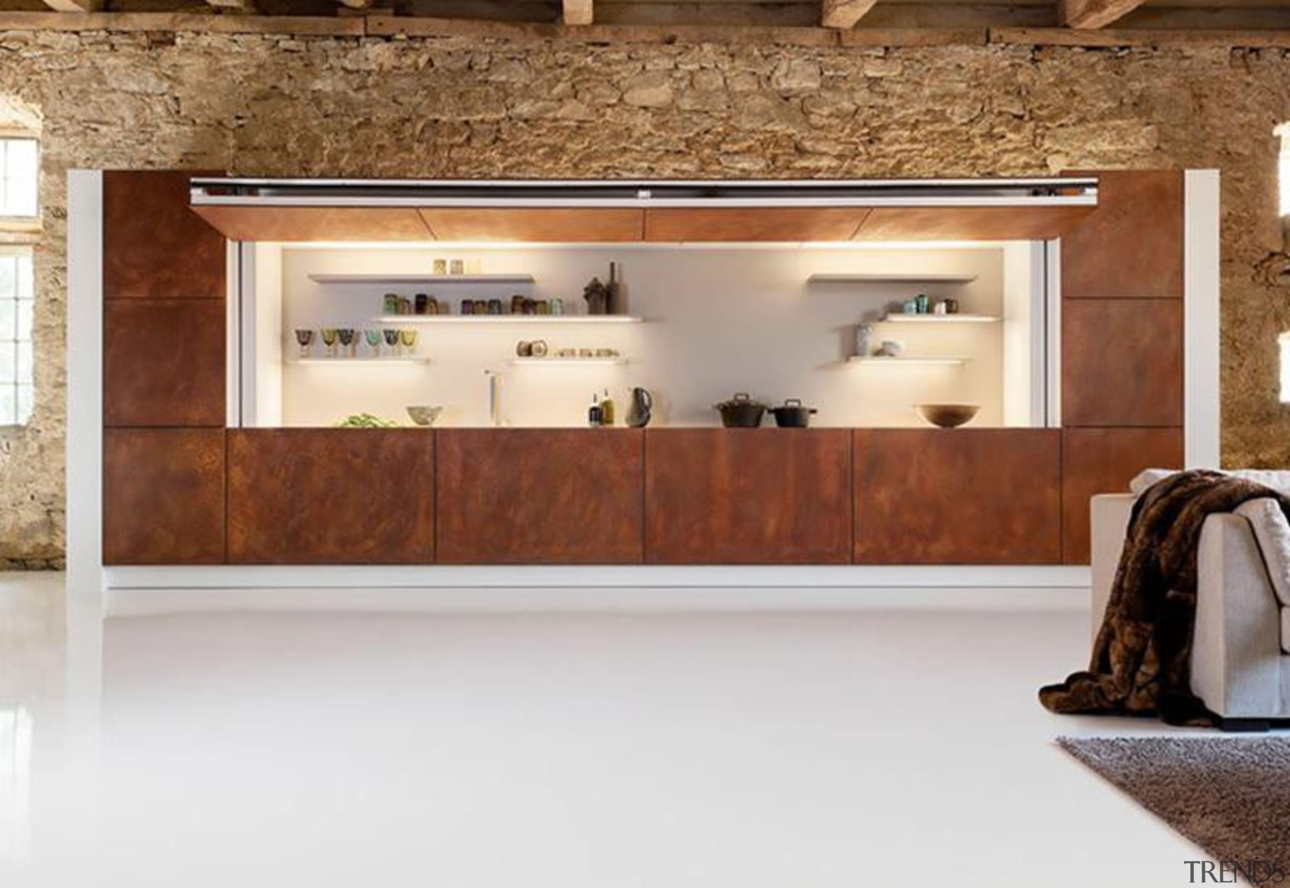 An imposing wall of weathered corten steel one floor, flooring, furniture, interior design, wood, white, brown