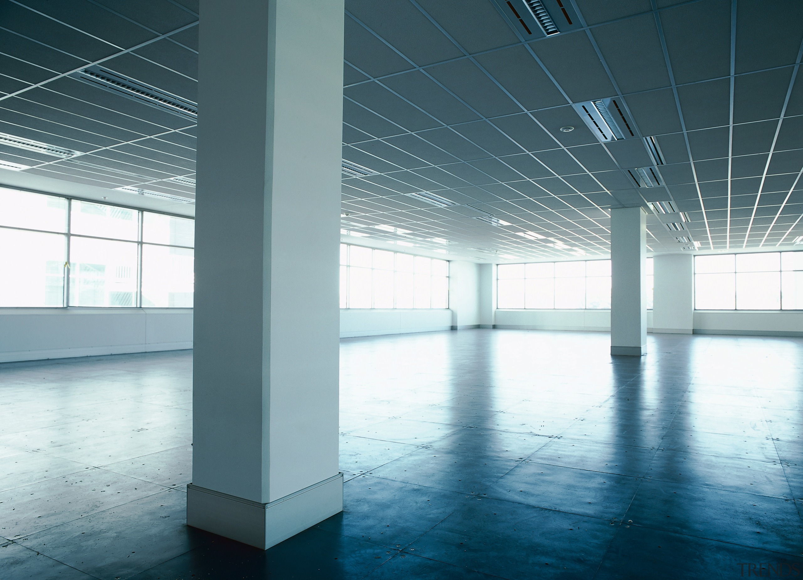 view of the raised access flooring - view architecture, ceiling, daylighting, daytime, floor, glass, light, line, structure, white, teal