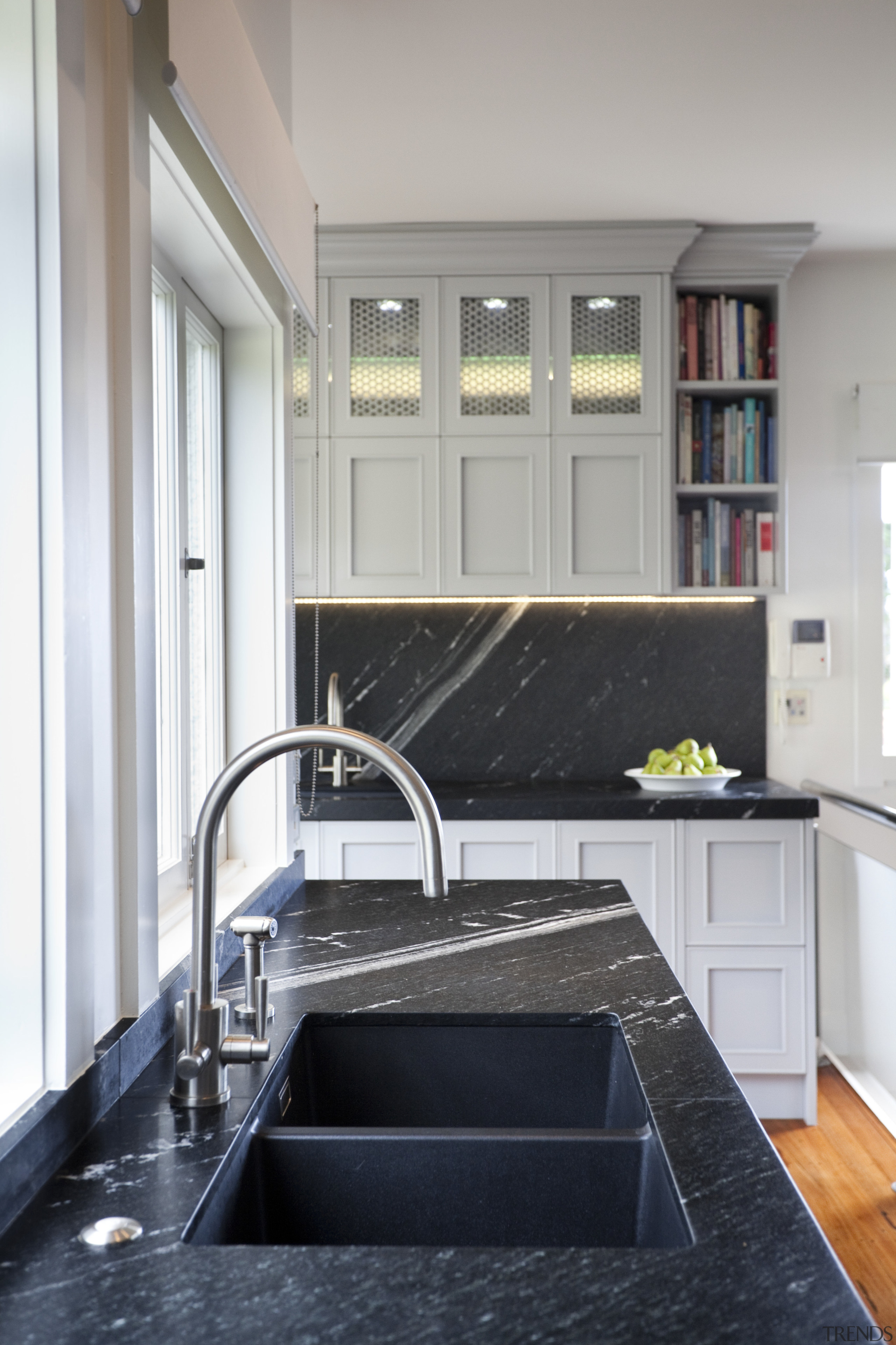 kitchen sink built into granite benchtop, white cabinets countertop, interior design, kitchen, room, gray, black