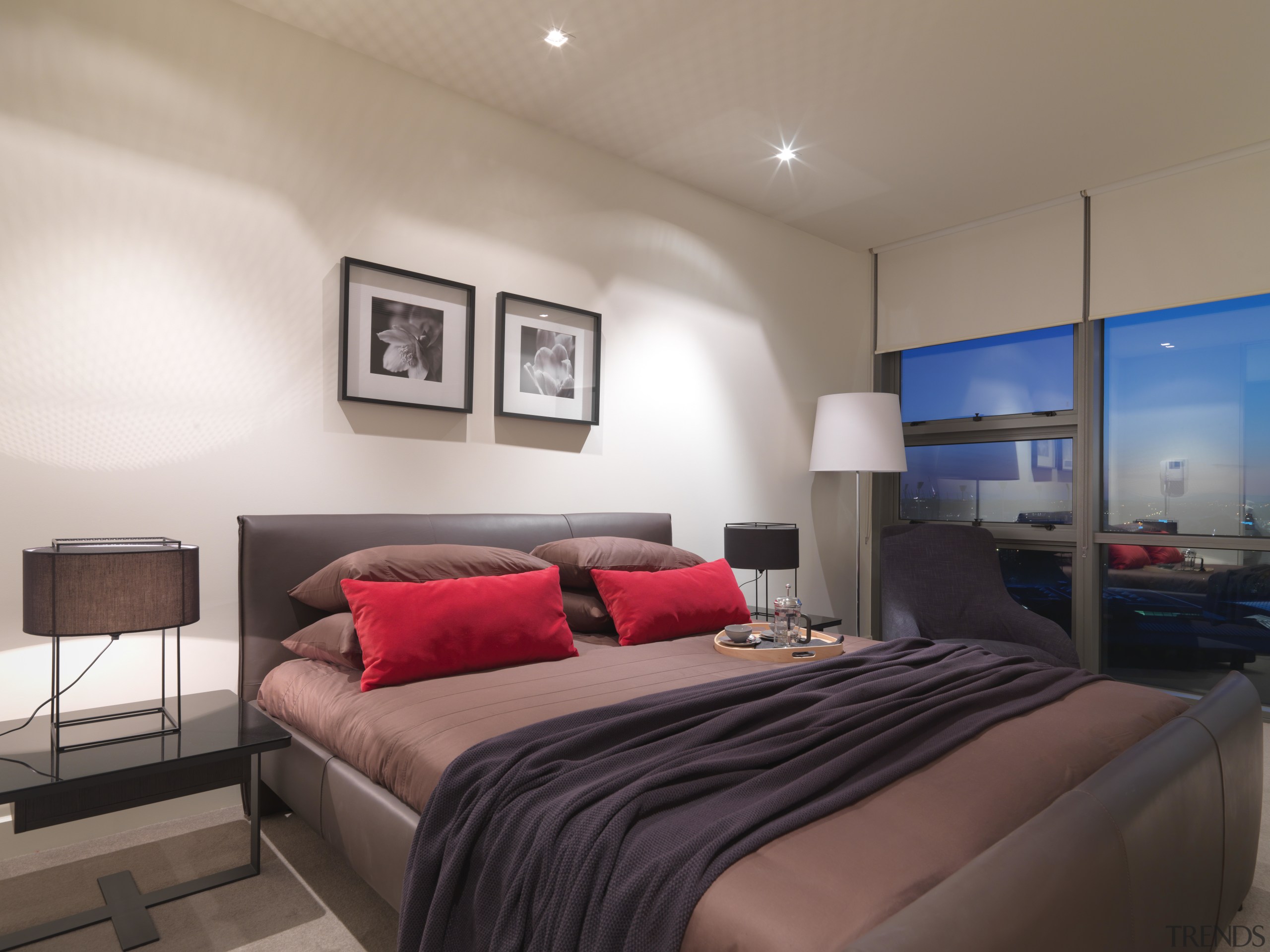 View of the master bedroom of an apartment bed frame, bedroom, ceiling, home, interior design, property, real estate, room, wall, gray