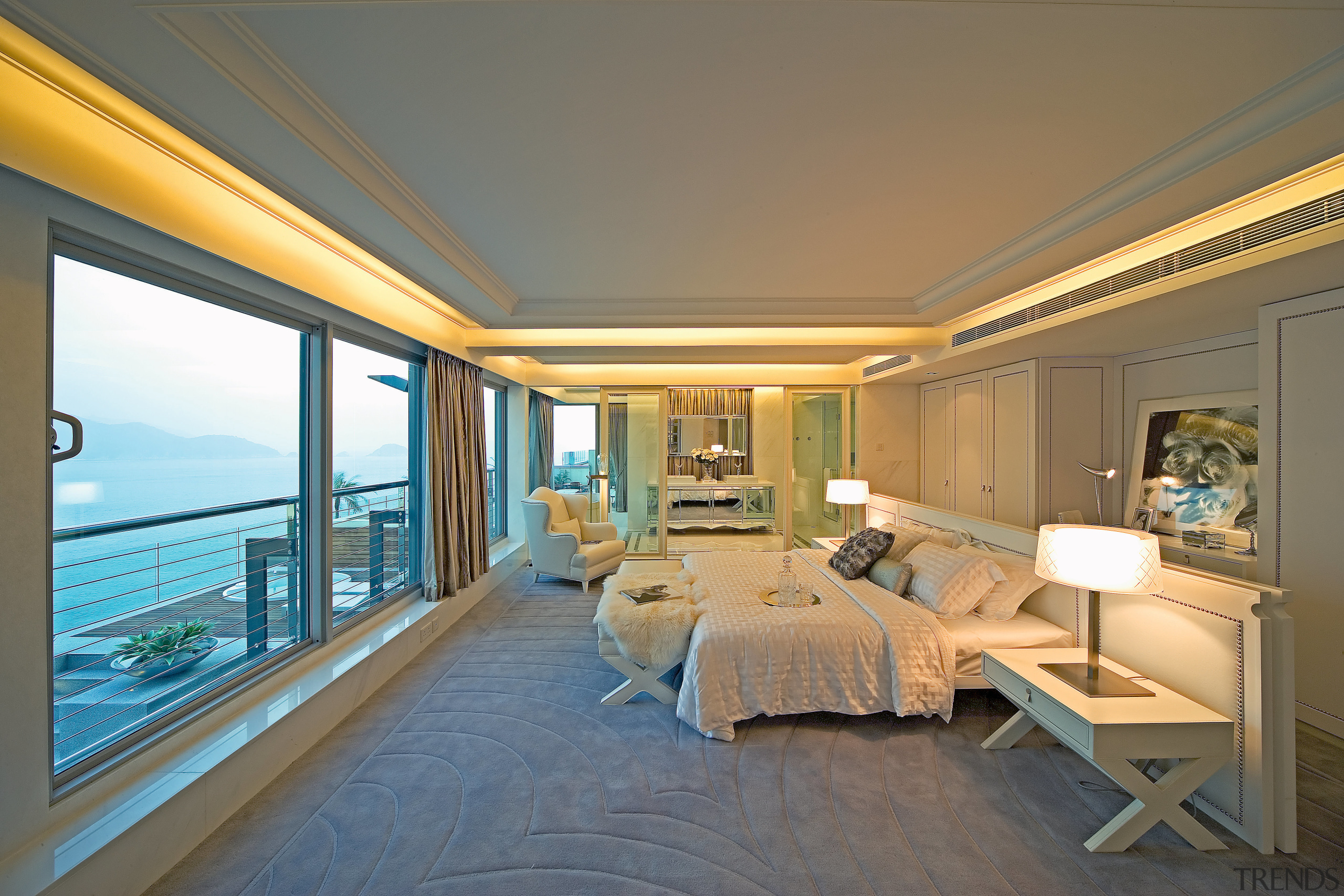 A view of the master bedroom, carpet, wooden bedroom, ceiling, estate, floor, home, interior design, penthouse apartment, property, real estate, room, suite, window, gray, brown