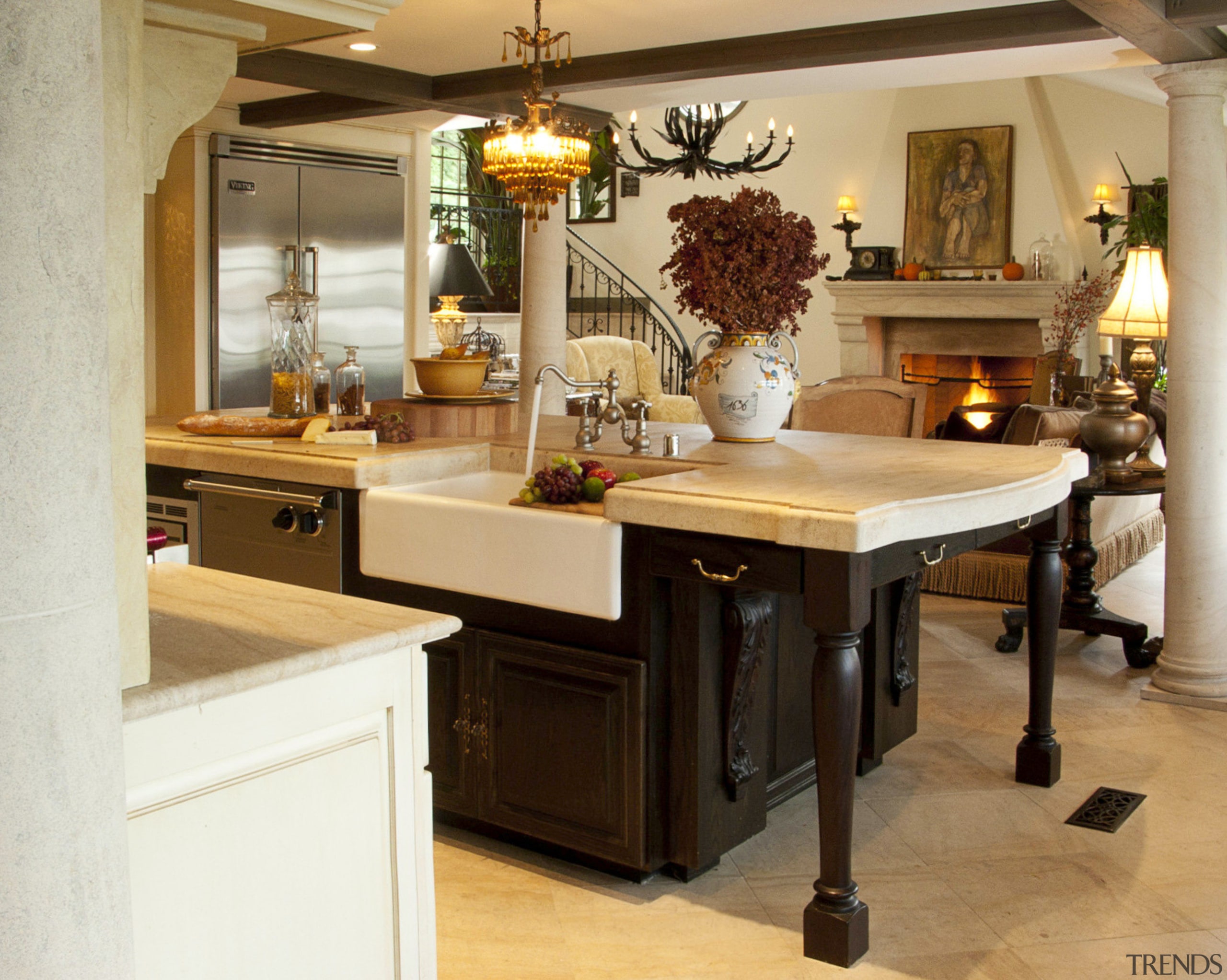 A traditional hearth adds an element of warmth cabinetry, countertop, cuisine classique, furniture, interior design, kitchen, room, table, orange, brown