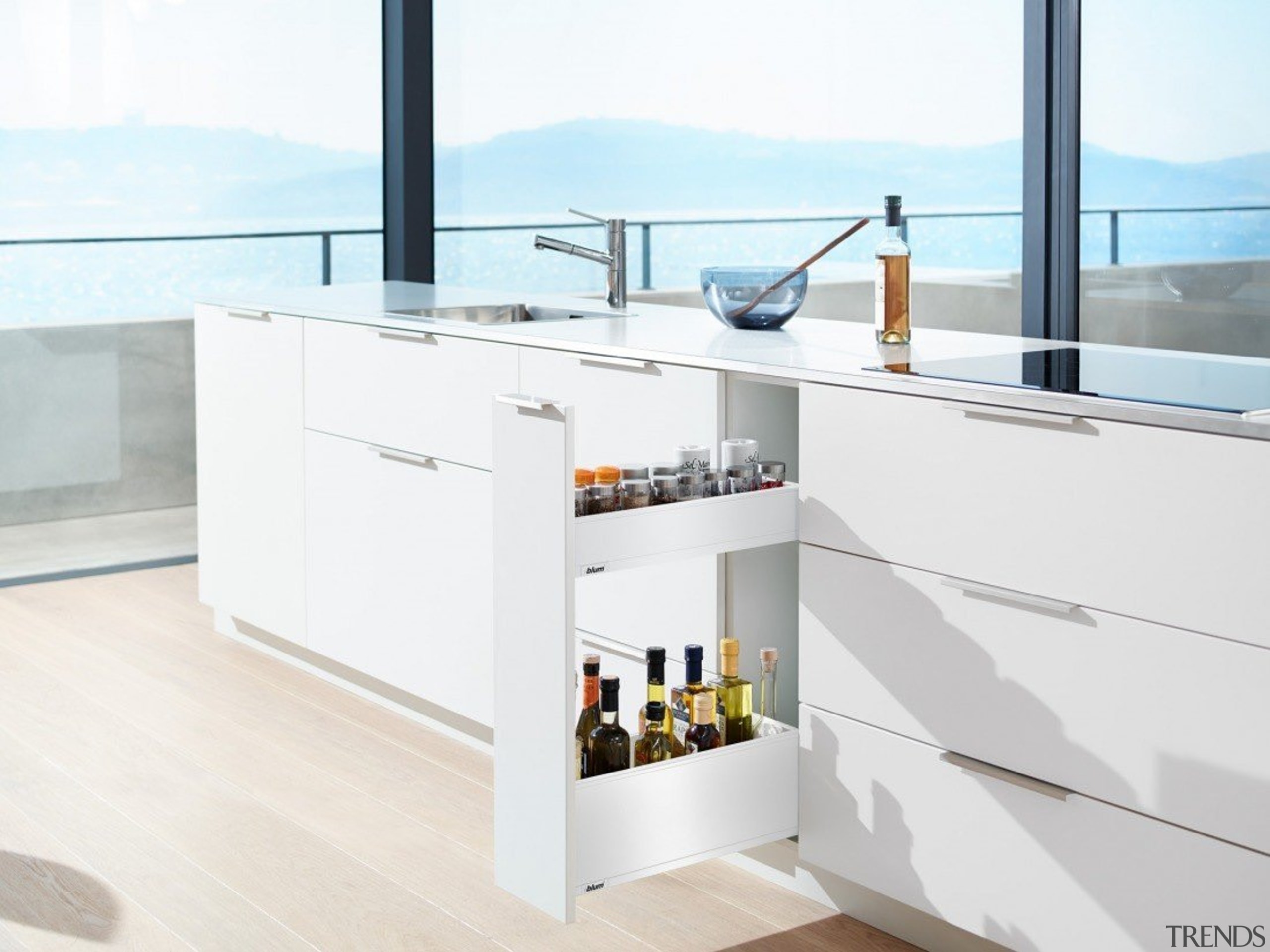 Blum's idea for narrow cabinets offers a simple furniture, kitchen, product, table, white